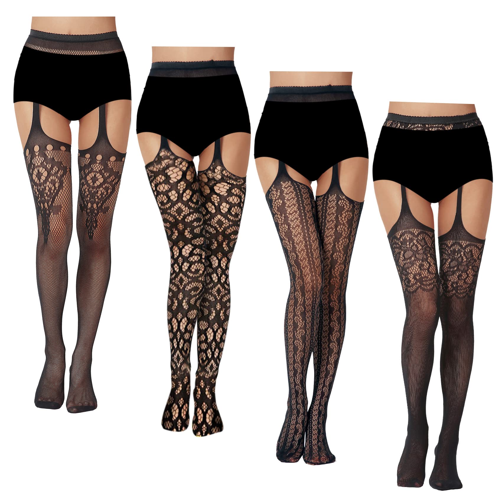 Chalier 4 Pairs Fishnet Stockings for Women - Sexy Lace Thigh High Tights with Suspenders - Perfect for Cosplay, Halloween, Date Night & Boudoir Photography