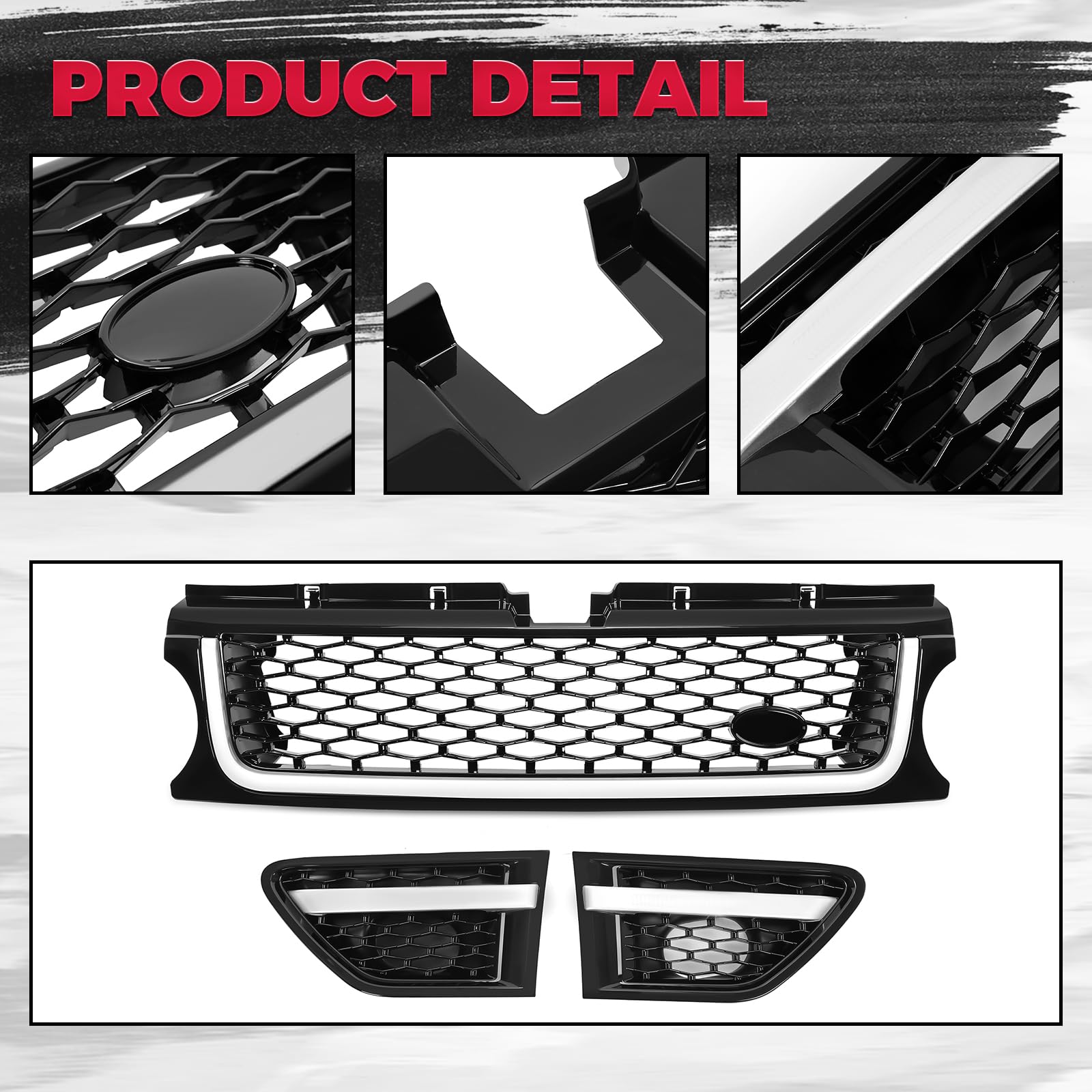 HECASA Black Front Grill & Air Side Vents for 2010-2013 Land Rover Range Rover Sport L320 - Bumper Grille Assembly Replacement - Perfect for Off-Roading & Custom Car Upgrades