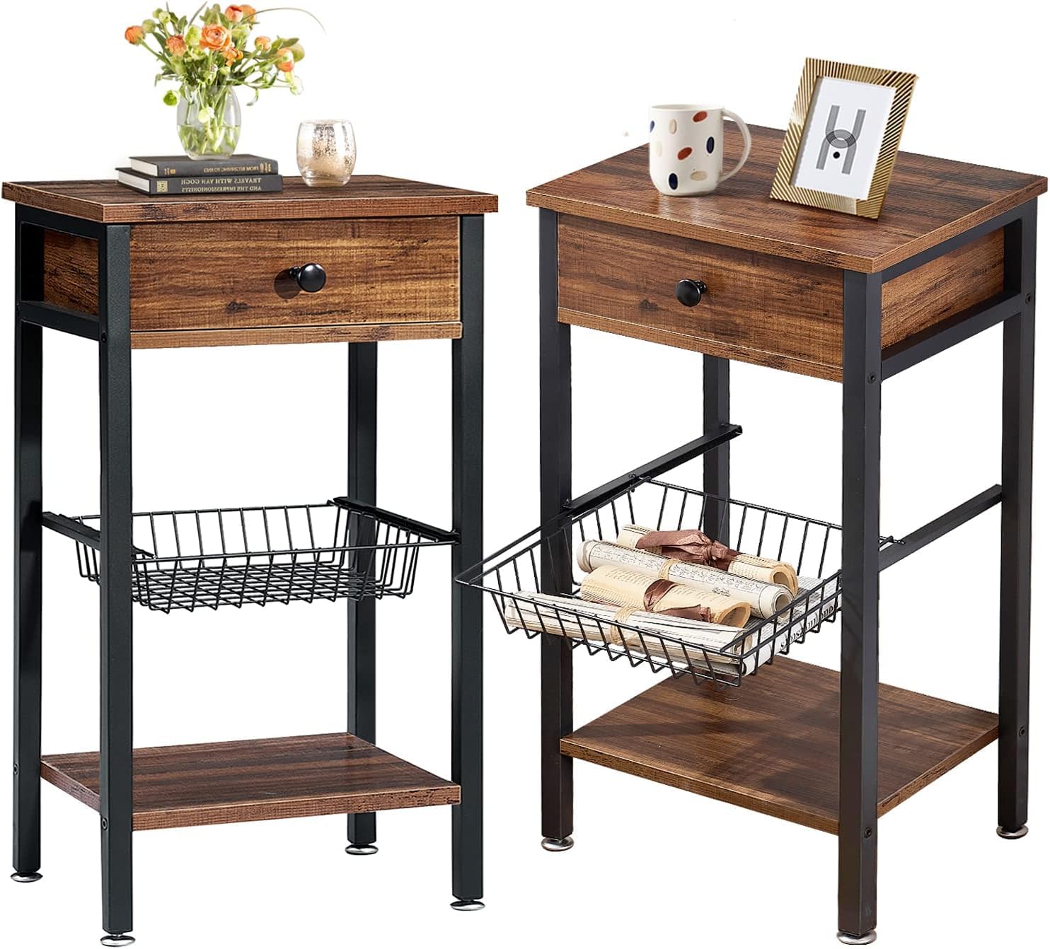 VECELO Set of 2 Tall End Side Tables with Storage Shelf & Basket - Nightstand Organizer for Bedroom, Living Room - Rustic Brown Wood Finish - Perfect for Small Spaces & Home Decor