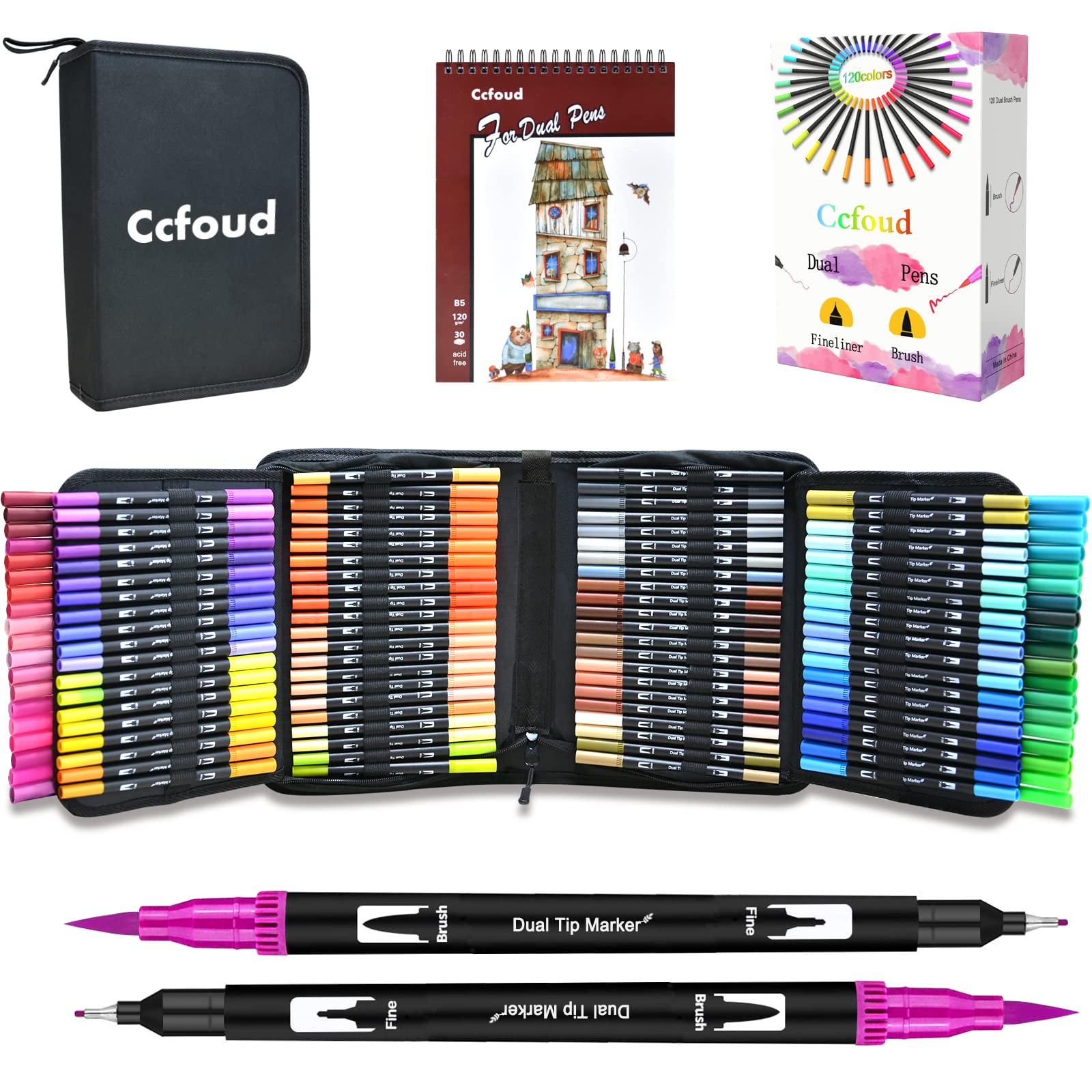 120 Colors Dual Tip Art Markers Set - Fine Liner & Brush Pens for Coloring, Calligraphy & Drawing | Water-Based Non-Toxic Markers for Kids & Adults | Perfect for Coloring Books, Sketching, Bullet Journaling & DIY Crafts