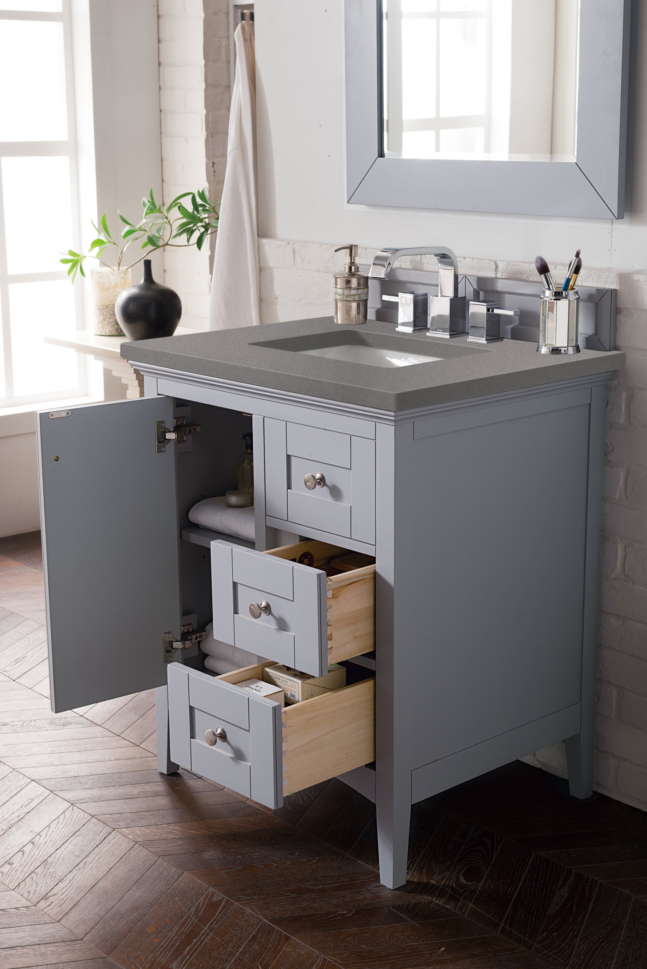 Palisades 30 Inch Single Bathroom Vanity Set with 3CM Grey Expo Quartz Top - Silver Gray Modern Sink Cabinet for Small Space & Powder Room Remodel