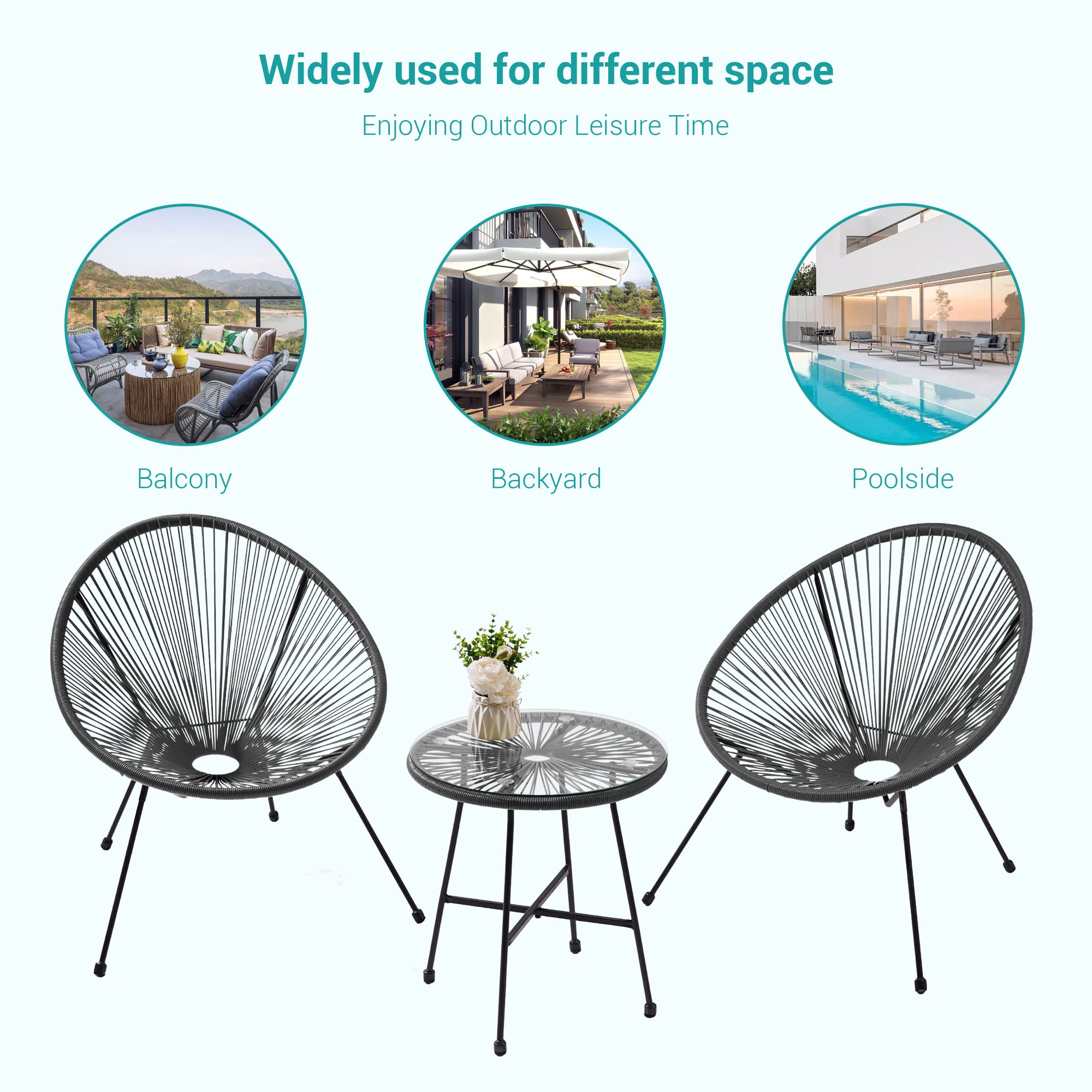 3-Piece Patio Furniture Set - Acapulco Chair with Glass Top Table & 2 Chairs - Indoor/Outdoor Seating Set in Grey - Perfect for Backyard, Garden, Poolside & Balcony Relaxation