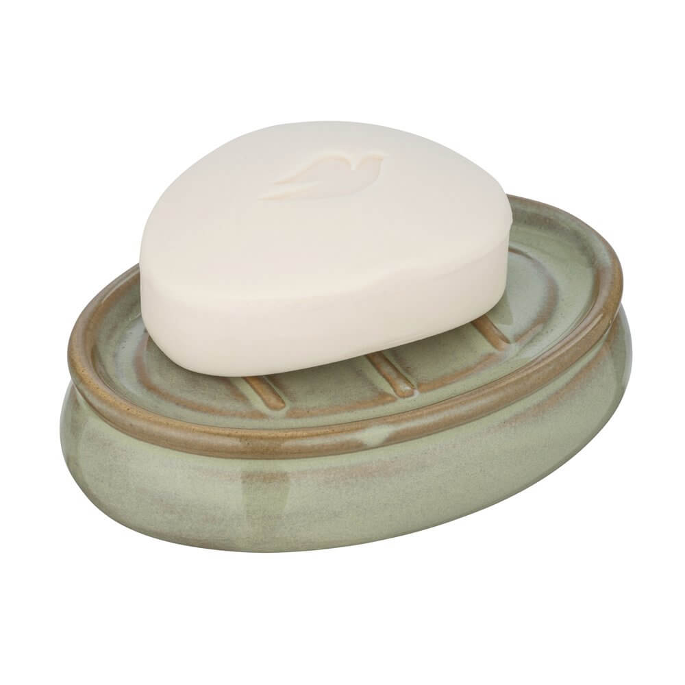 Sirmione Ceramic Soap Dish - Reactive Green Glaze Bathroom Organizer | Elegant Soap Holder for Sink, Shower & Vanity Countertop Decor