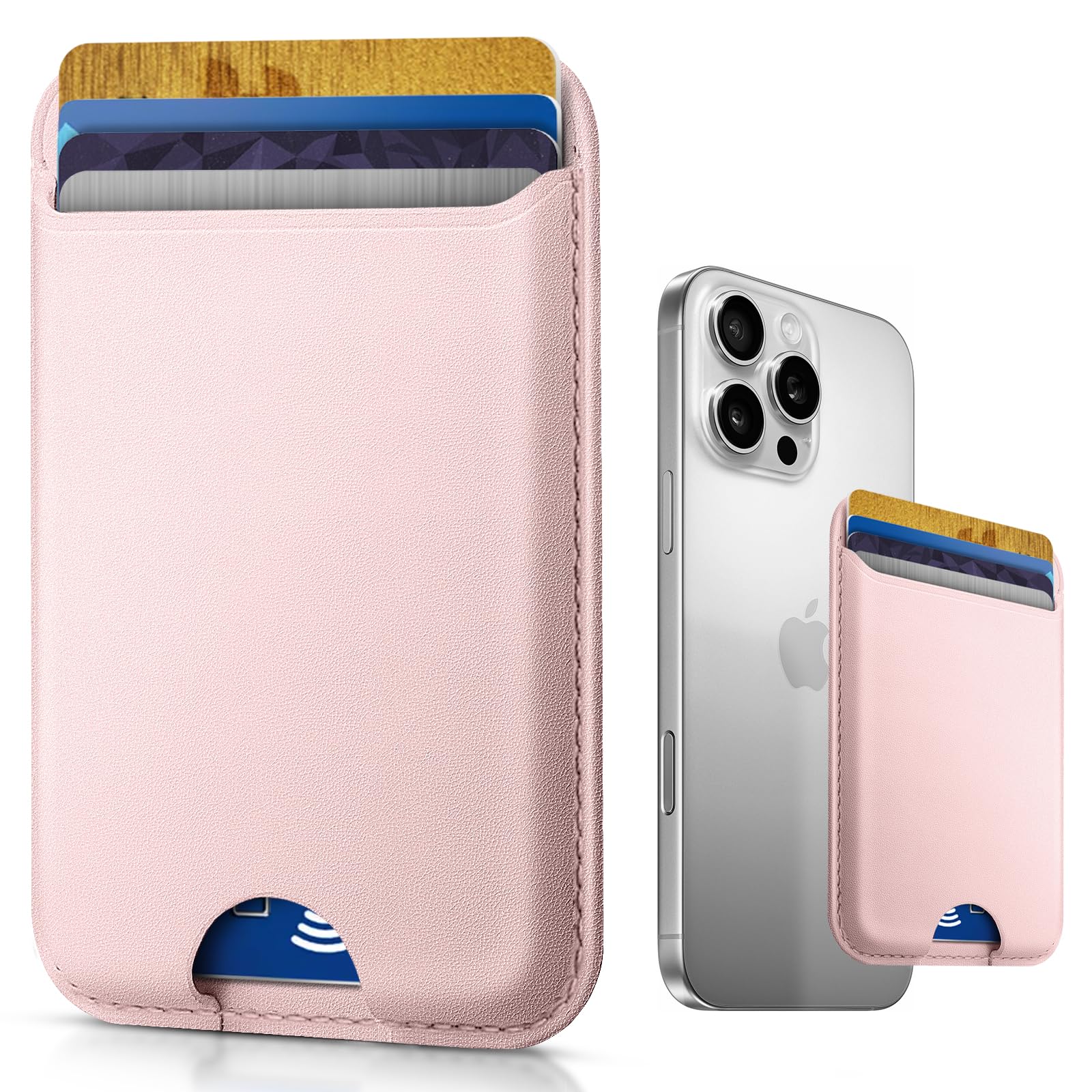 Premium Leather Phone Card Holder Stick On with Strong Adhesive - RFID Blocking Credit Card Wallet for iPhone, Samsung & Android (Holds 4 Cards, Light Pink) - Perfect for Travel, Shopping & Everyday Convenience