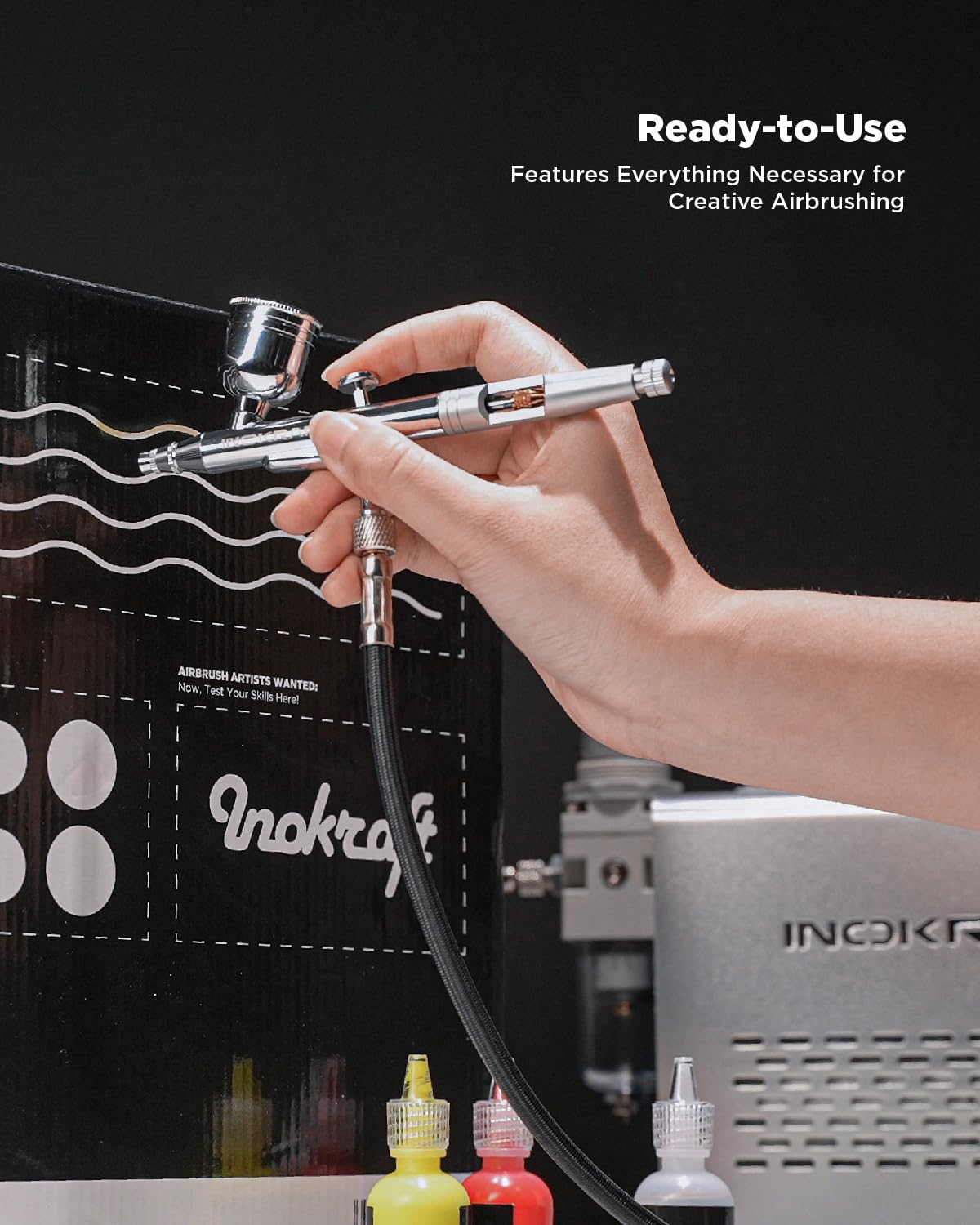 InoKraft Professional Airbrush Kit with 1/6 HP Quiet Air Compressor - 3 Nozzle Sizes (0.2mm, 0.3mm, 0.5mm) Gravity Feed Airbrush - Complete Set with Hose, Holder & Guide - Perfect for Model Painting, Cake Decorating, T-Shirt Design & DIY Art Projects