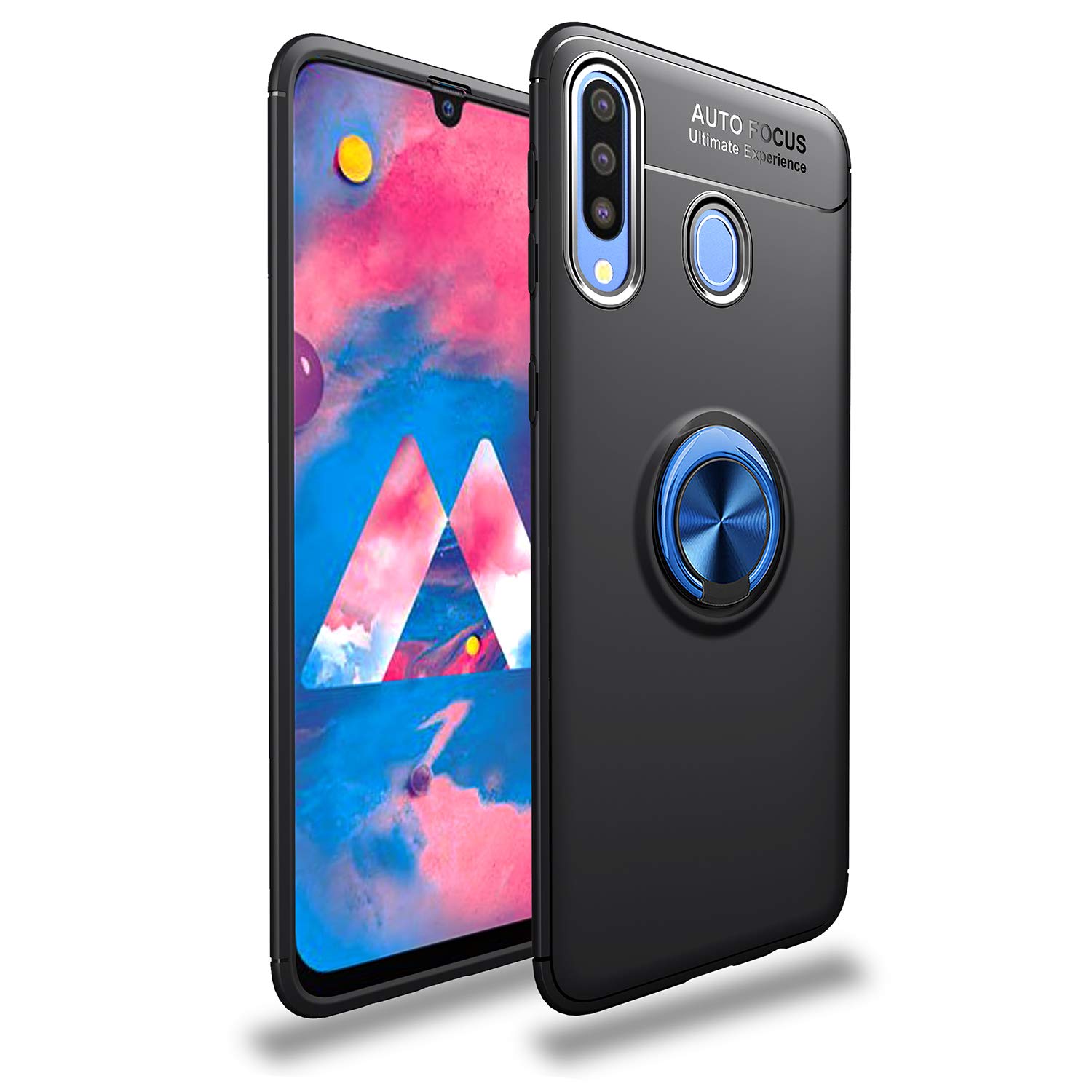 Samsung Galaxy M30 Case with Rotatable Metal Ring Kickstand & Magnetic Car Mount - Shockproof Anti-Scratch Ultra-Slim Protective Cover (Blue & Black) - Perfect for Work, Travel & Daily Use