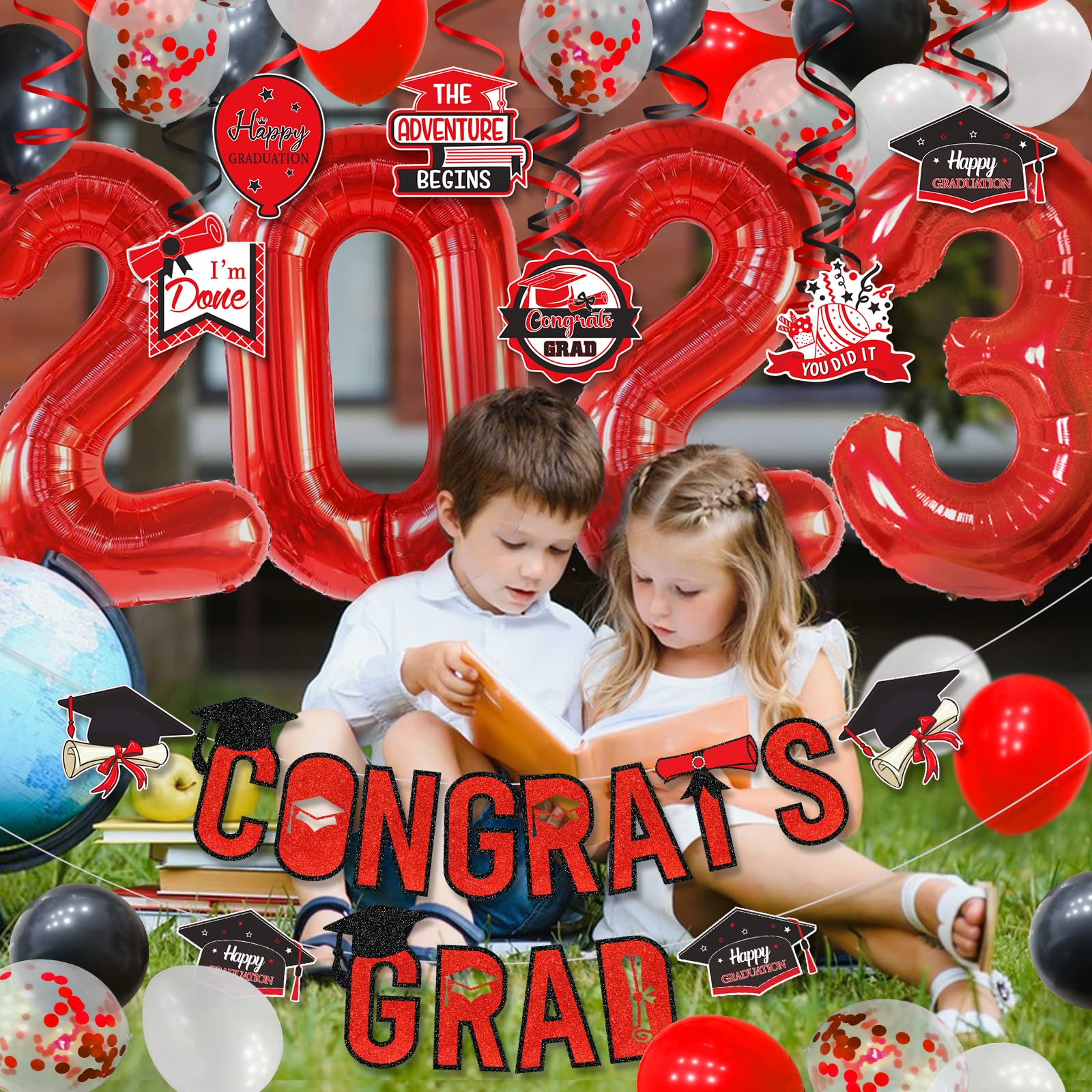 2023 Graduation Decorations Set - Red & Black Congrats Grad Banner, College Party Supplies for Class of 2023 | Perfect for Graduation Ceremony Decor, Graduation Party Backdrop & Photo Booth Props