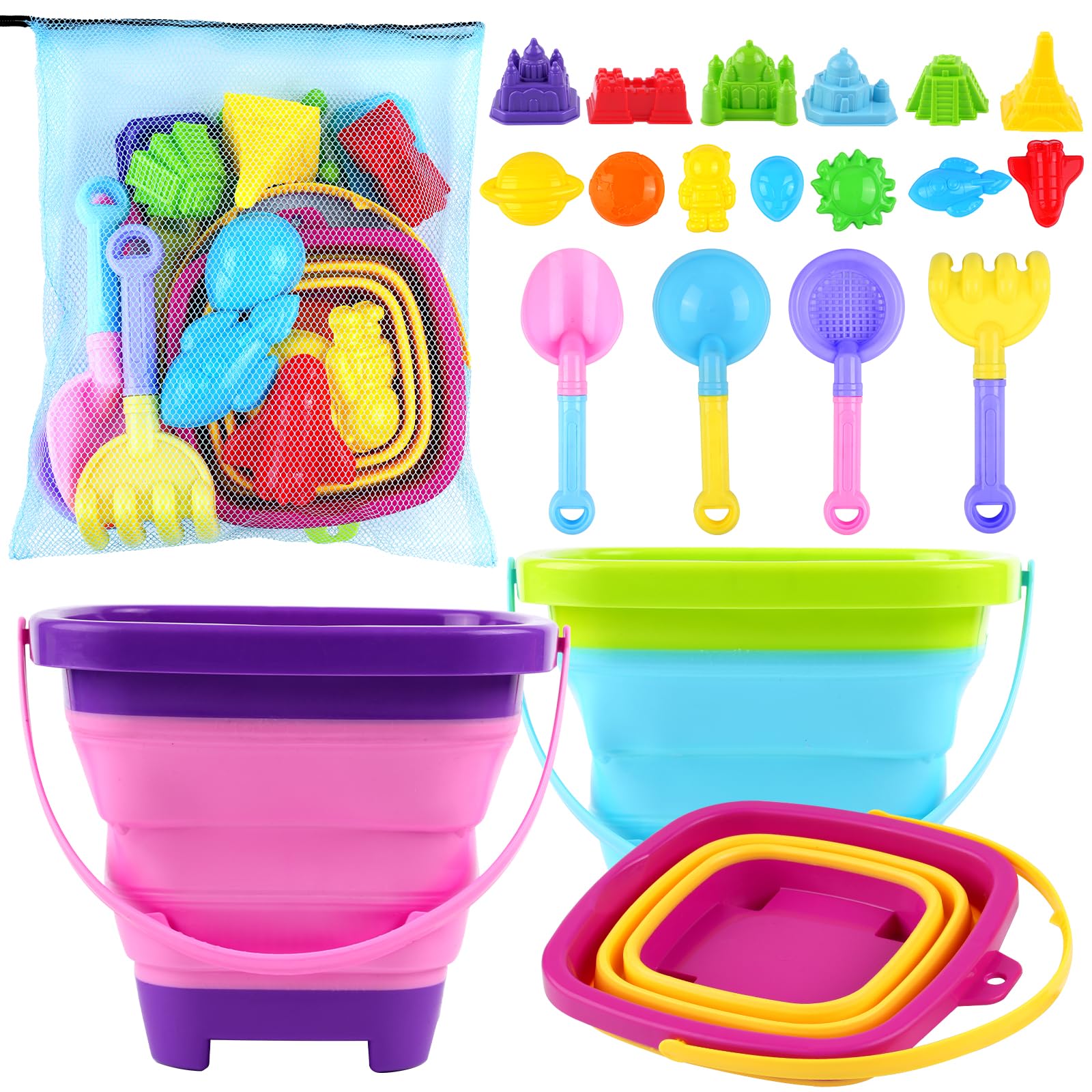 21 PCS Kids Beach Toys Set with Collapsible Buckets, Shovels & Sand Molds - Sand Castle Kit for Toddlers Boys & Girls - Perfect for Beach Travel, Sandbox Play & Outdoor Summer Activities