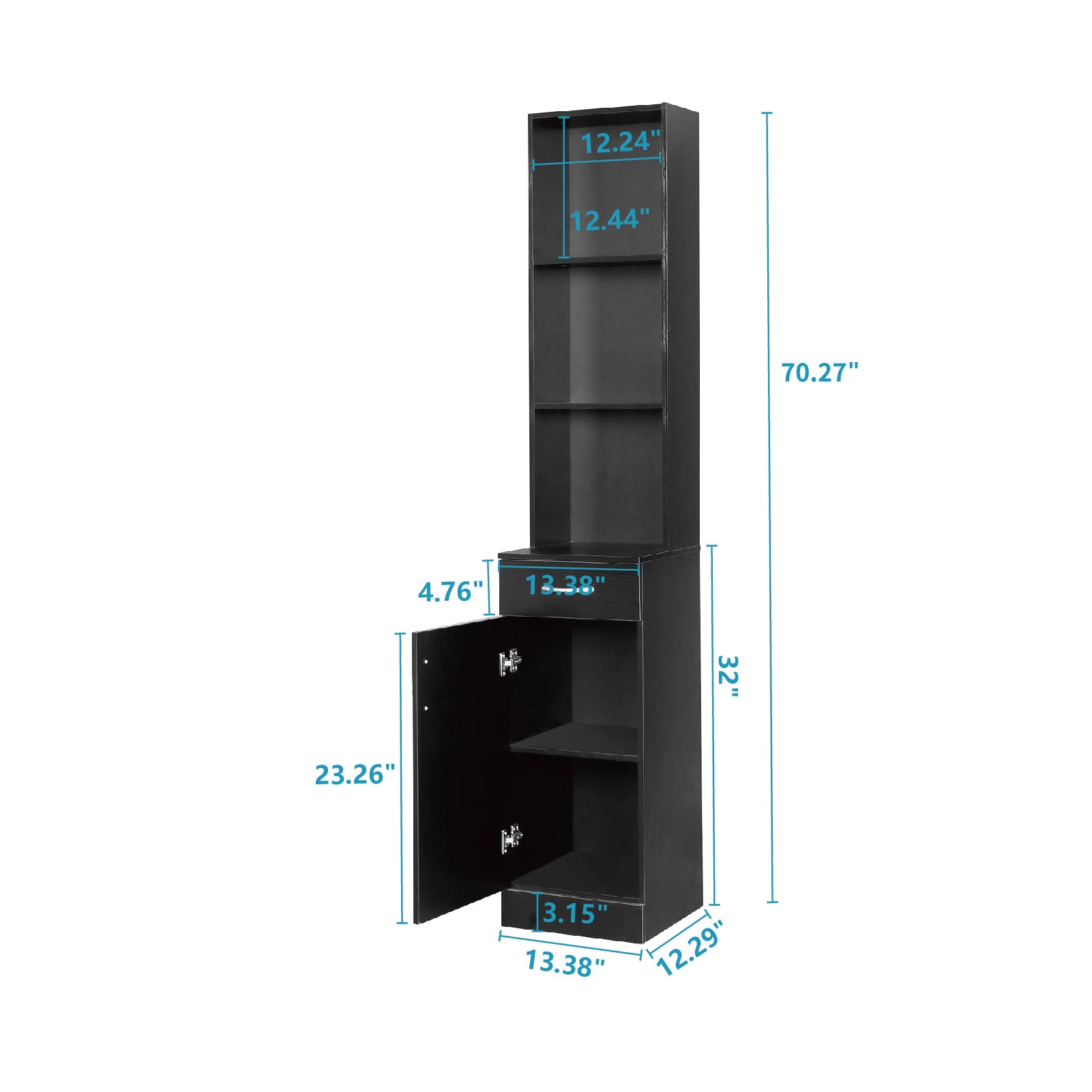 70 Inch Tall Bathroom Storage Cabinet - Waterproof Wooden Linen Organizer with Drawer & 3 Shelves | Durable Lightweight Narrow Cabinet for Bathroom, Bedroom, or Laundry Room Organization | Black