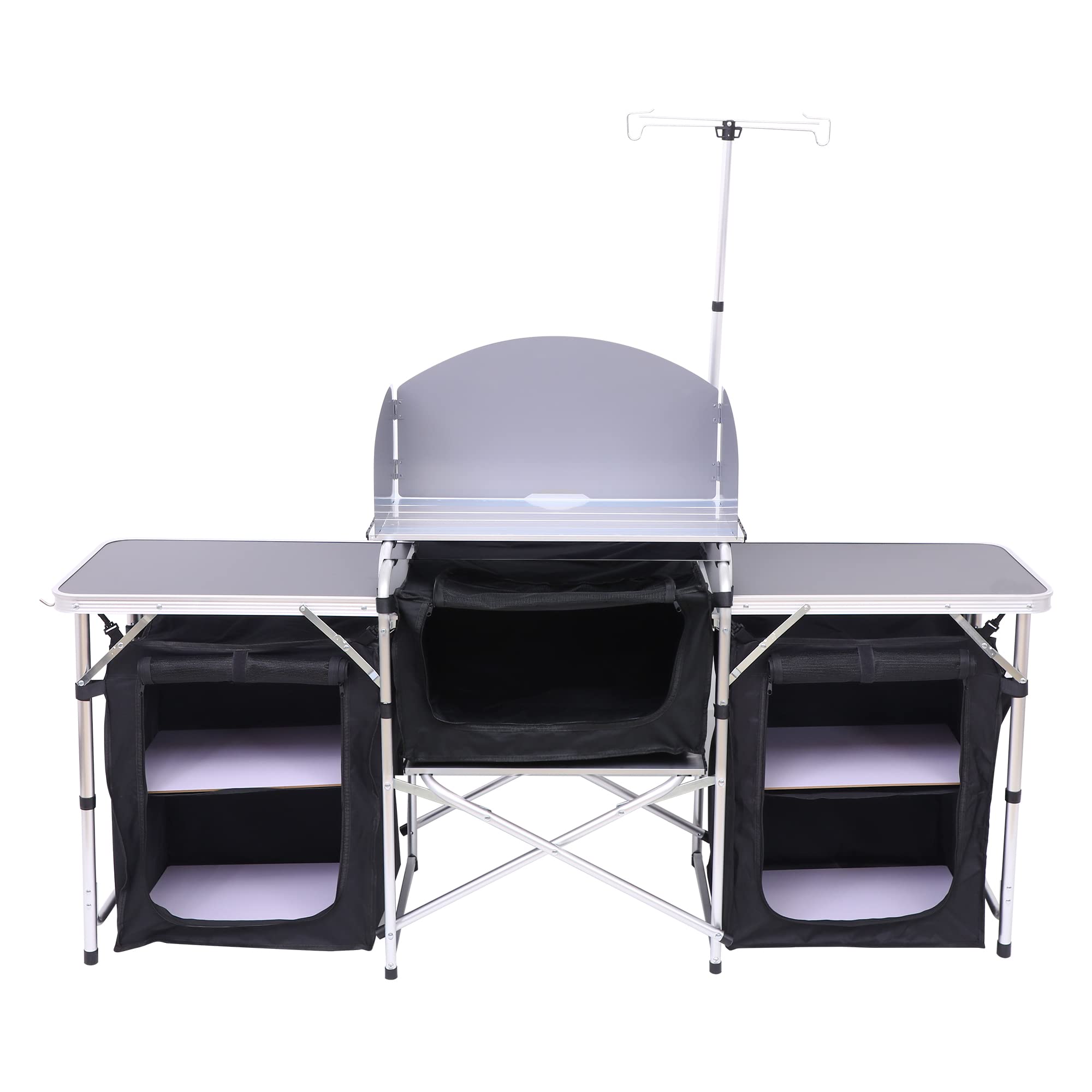 Portable Camping Kitchen Table with Adjustable Light Stand - Foldable Outdoor Cooking Station for Picnics, BBQ & Camping (Silver) - Perfect for Backyard, RV & Tailgating