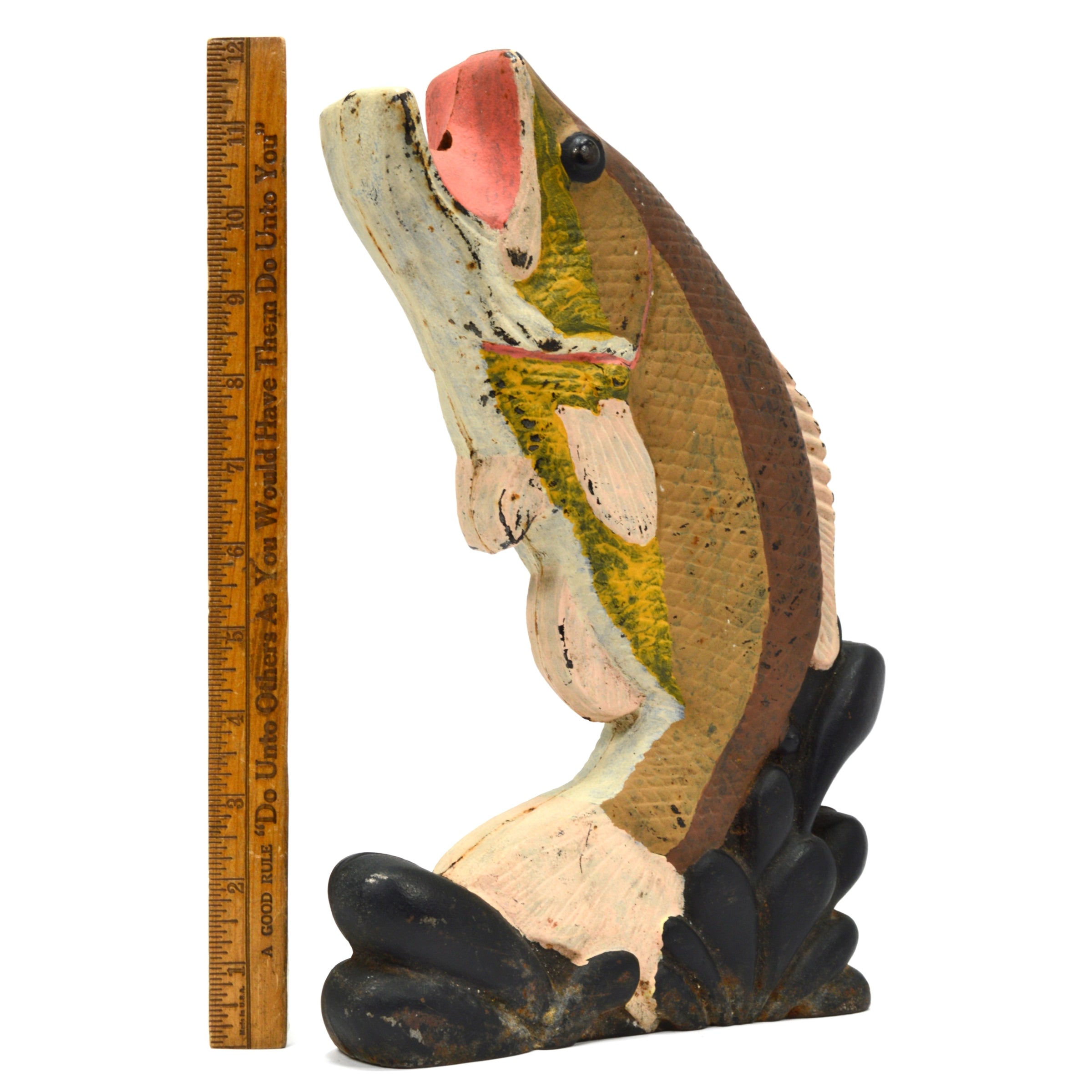 Vintage Cast Iron Andiron Fish Doorstop - Hand Painted Jumping Bass Decor for Fireplace & Home - Perfect for Rustic Cabin, Farmhouse, or Fishing Lodge Decor