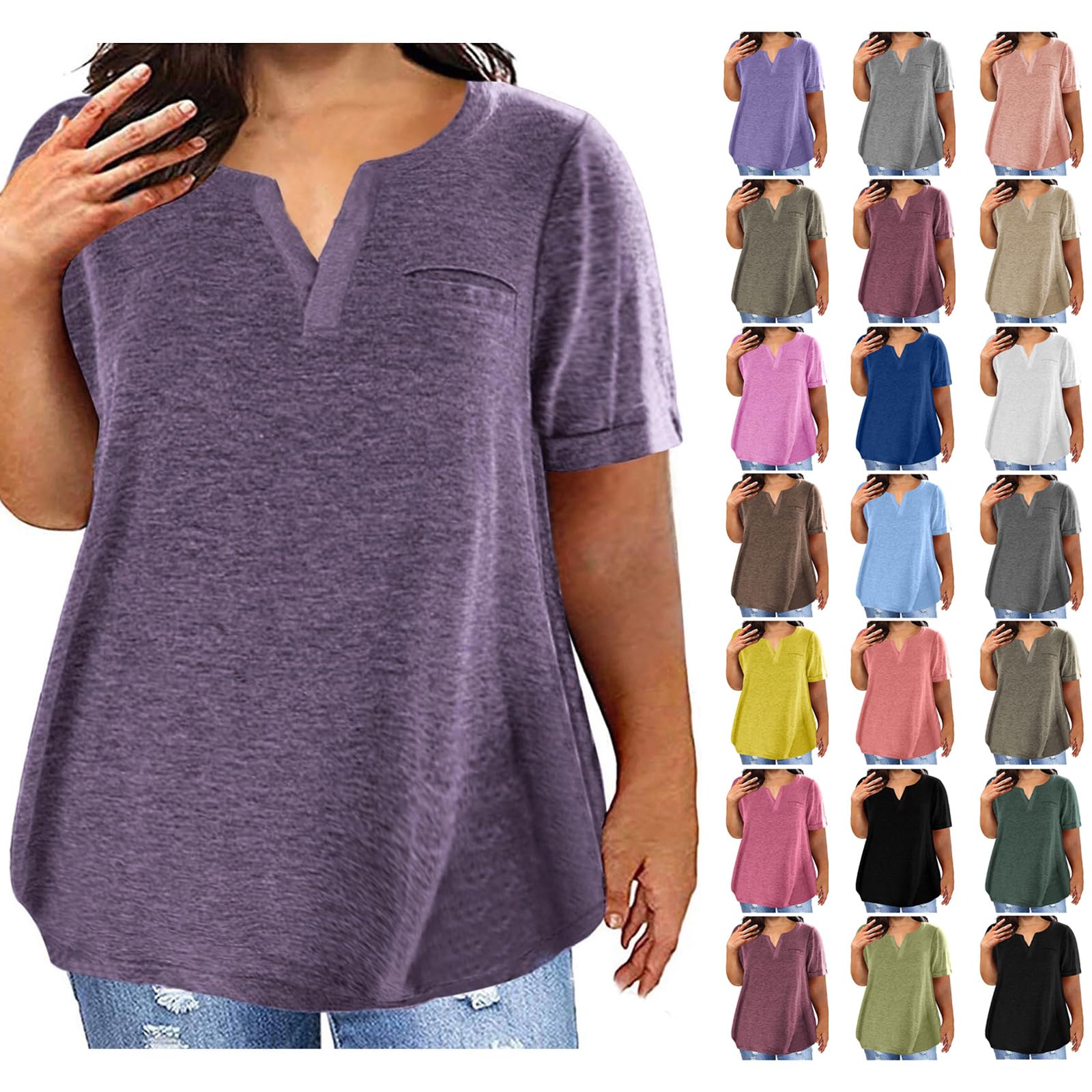 Plus Size V-Neck T-Shirts for Women - Loose Fit Summer Short Sleeve Blouse, Comfortable Solid Color Tunic Tops | Casual Wear, Office Outfits & Vacation Style