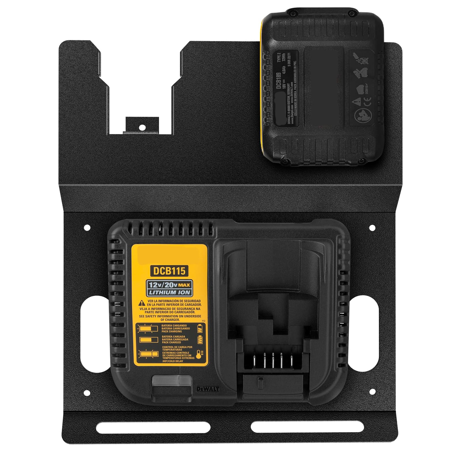 **DeWalt 20V Battery & DCB115 Charger Wall Mount Bracket - Heavy Duty Metal Black Holder for 2 Batteries & Charger - Perfect for Tool Room, Garage & Workshop Organization**