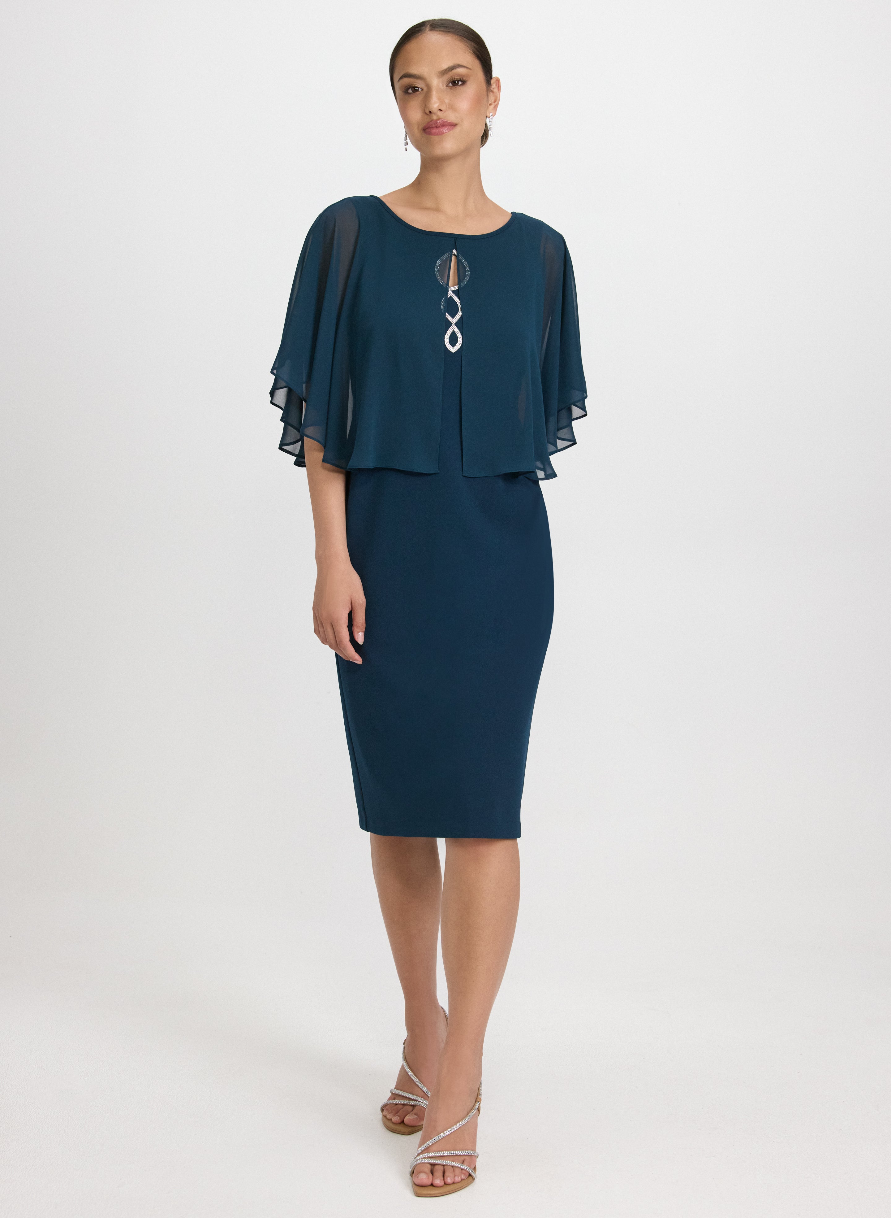 Elegant Capelet Overlay Dress for Women - Flowy Chiffon Evening Gown with Detachable Cape - Perfect for Weddings, Parties & Special Occasions