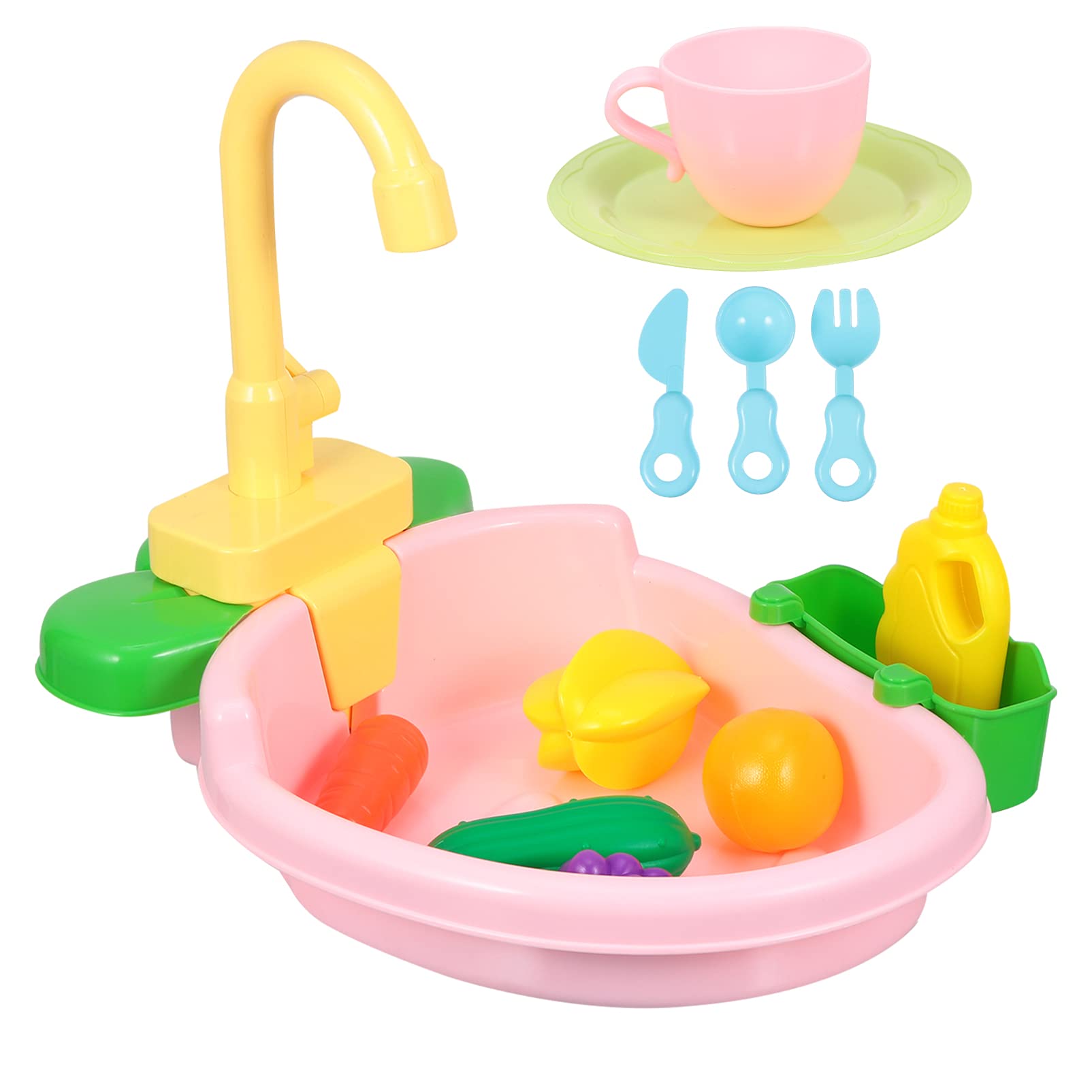 Jojofuny Play Kitchen Sink Toys - Realistic Plastic Simulation Kitchen Set with Tableware & Accessories for Dollhouse, Pretend Role Play Toys for Toddlers & Kids (Pink) | Perfect for Birthday Gifts, Preschool Learning & Indoor Pretend Play