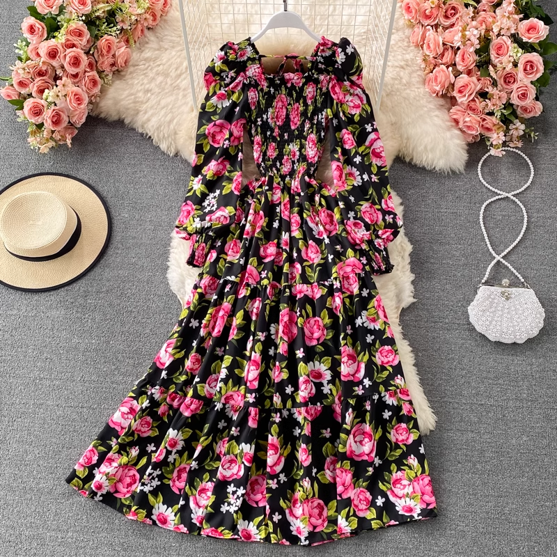 Elegant High Waist Floral Print Puff Sleeve Dress - Summer Square Neck Long Sleeve Midi Dress for Women | Perfect for Garden Parties, Brunch Dates & Spring Weddings