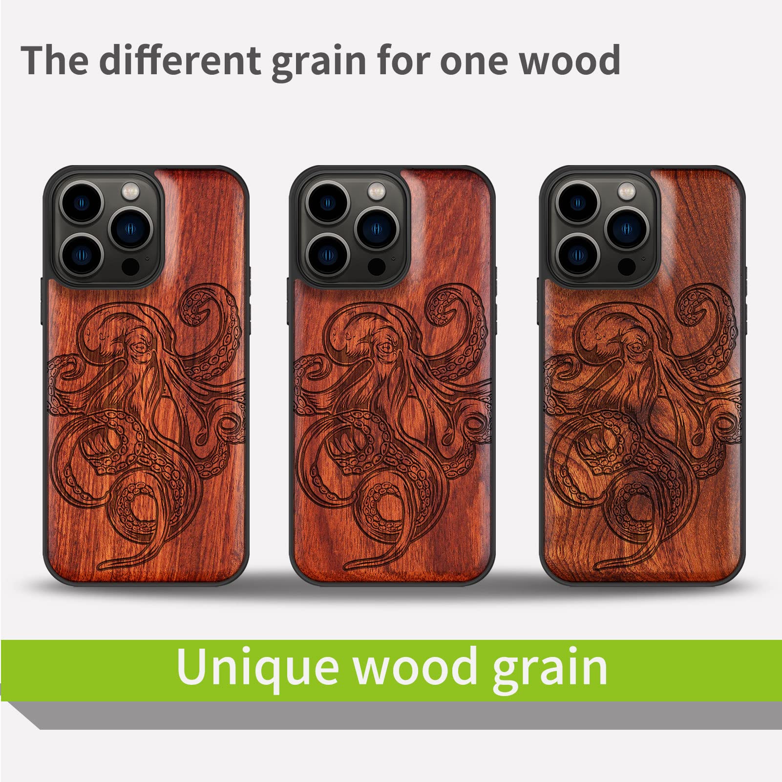 Carveit Magnetic Wood Case for iPhone 13 Pro - Natural Wood & Black TPU Shockproof Protective Cover with MagSafe Compatibility | Octopus Design Red Wood | Perfect for Outdoor Adventures & Business Meetings