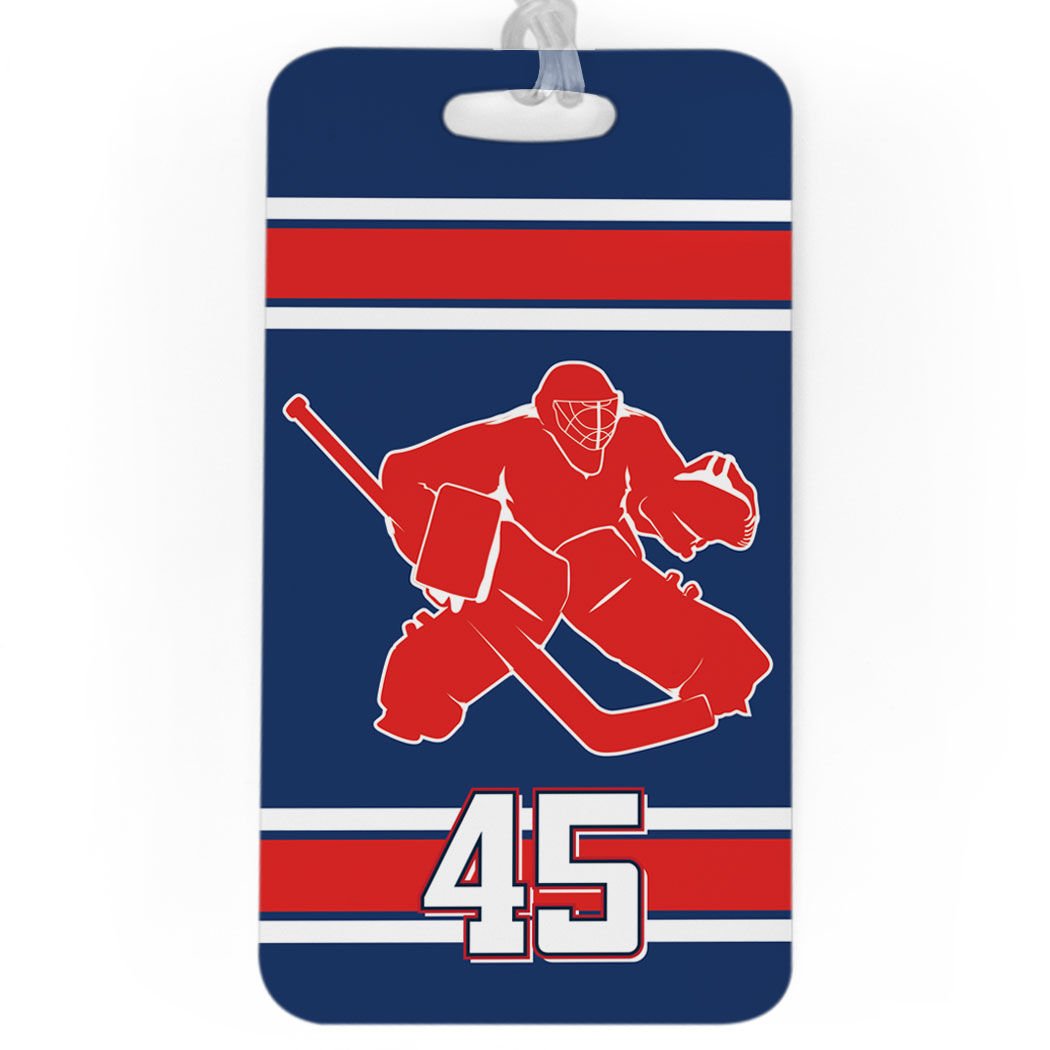 Personalized Hockey Goalie Luggage Tag with Number - Large Navy & Red Hockey Bag Tag with Standard Lines on Back - Perfect for Travel, Sports Gear & Hockey Equipment Identification
