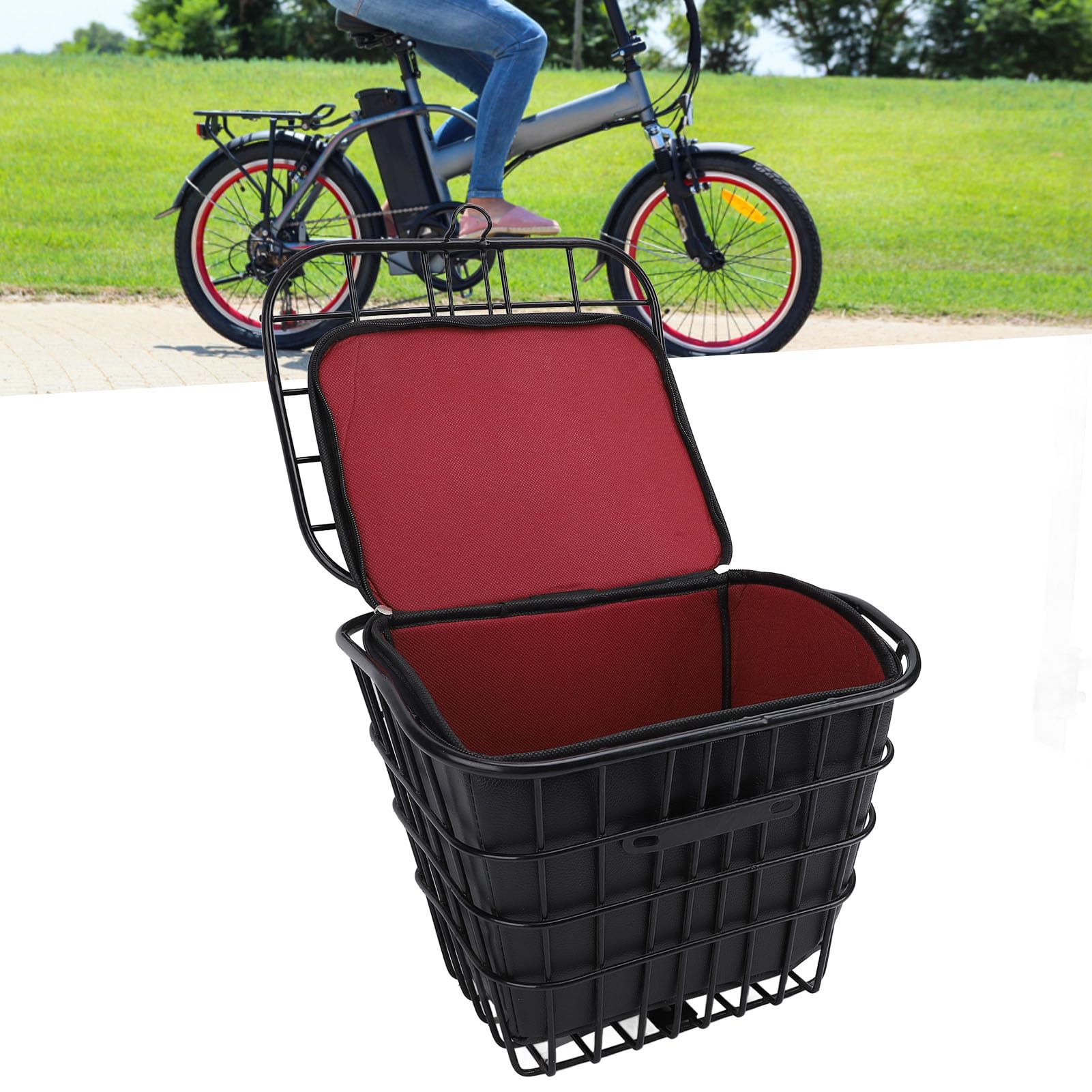 **Metal Bike Front Basket with Removable Liner Bag - Durable Storage for Pets, Groceries & Bike Accessories - Easy Install for Bikes & Electric Scooters - Perfect for Commuting, Shopping & Outdoor Adventures**