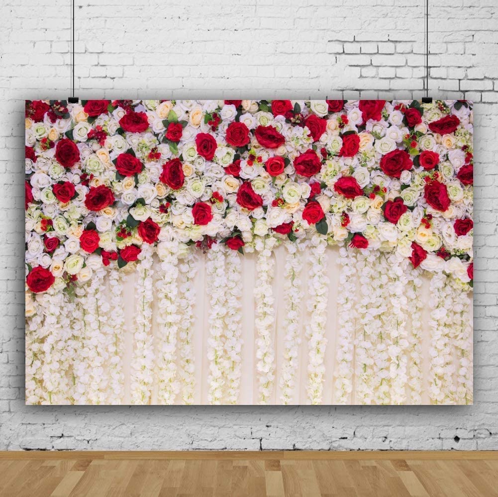 AOFOTO 10x7ft Red White Rose Floral Photography Backdrop - Wedding, Bridal Shower, Newborn Baby Girl Birthday Party, Portrait & Cake Table Decor - Perfect for Photo Booth, Studio Props & Themed Events