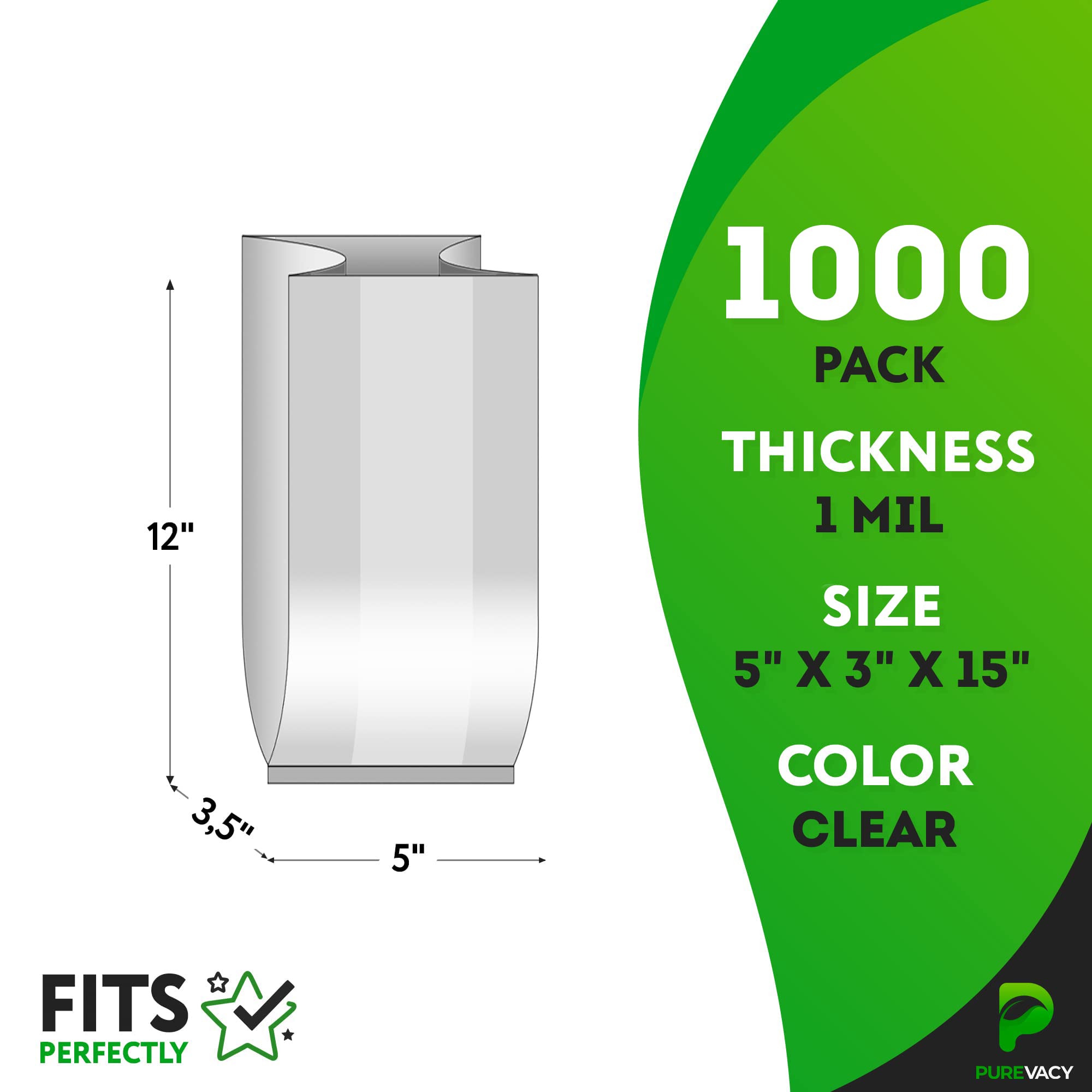 Clear Gusseted Poly Bags 5x3x15 Inches - 1000 Pack 1 Mil Side Gusseted Plastic Bags for Packaging | Leakproof Food Storage Bags for Coffee Beans, Nuts, Grains & Bulk Items | Perfect for Retail, Wholesale & Home Organization