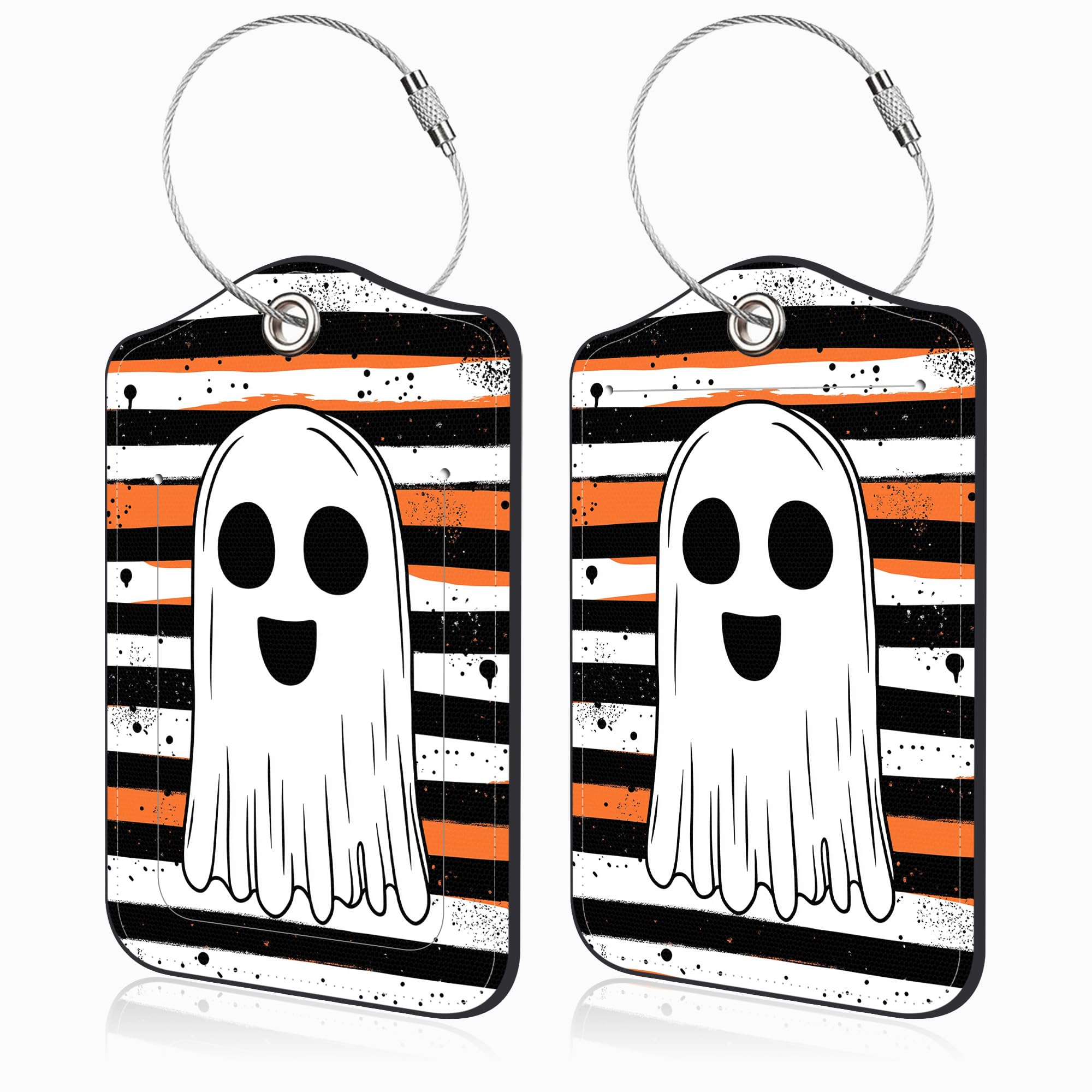 Halloween Ghost Luggage Tags Set of 2 - Cute Leather Suitcase ID Tags with Privacy Name/Address Label & Stainless Steel Loop - Perfect Travel Accessories for Women & Men (Ideal for Halloween Trips, Vacation Luggage Identification)