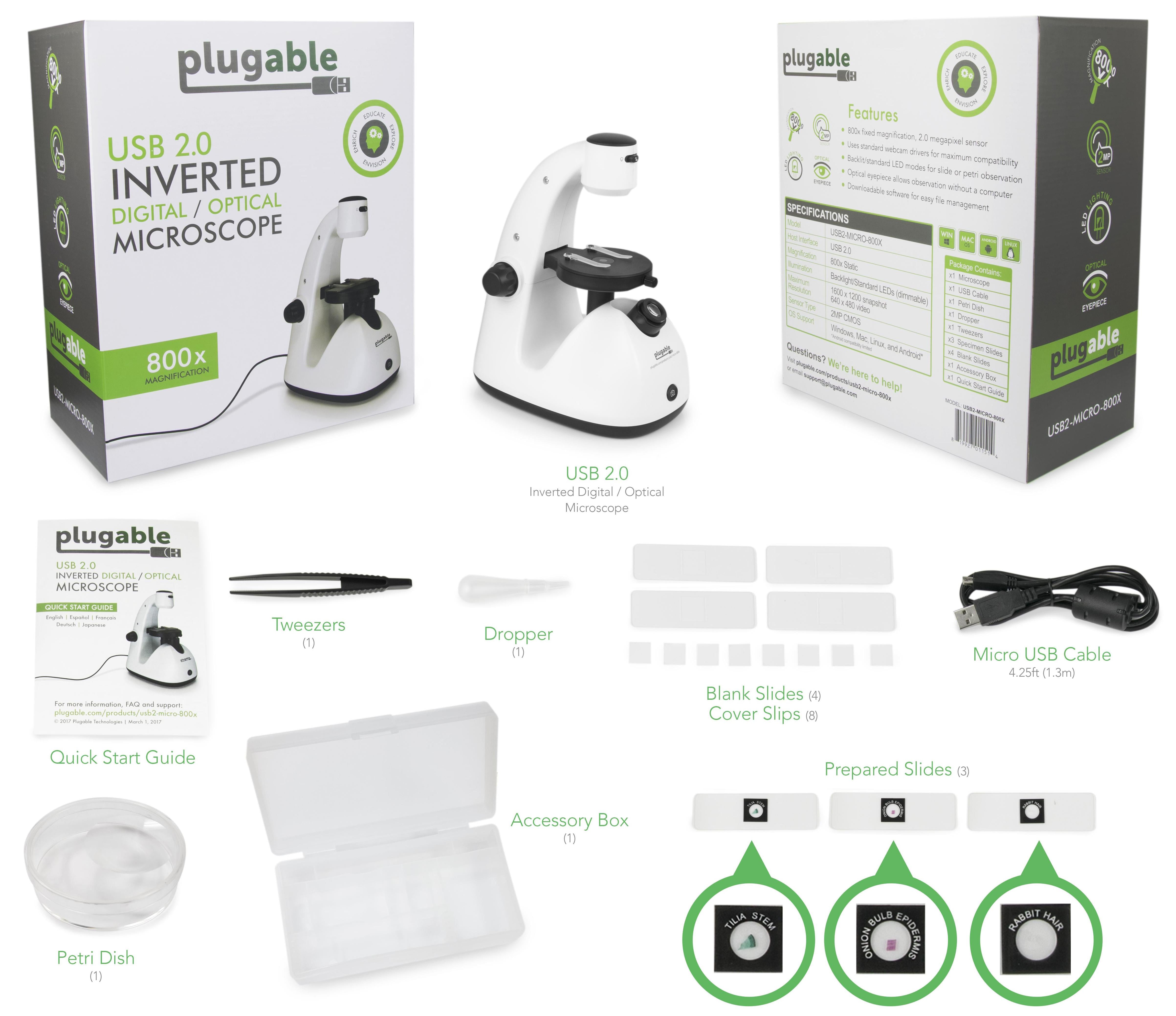 Plugable 800x Digital USB Microscope with Inverted & Optical Lens - Perfect for Electronics Repair, Jewelry Inspection, and Science Education