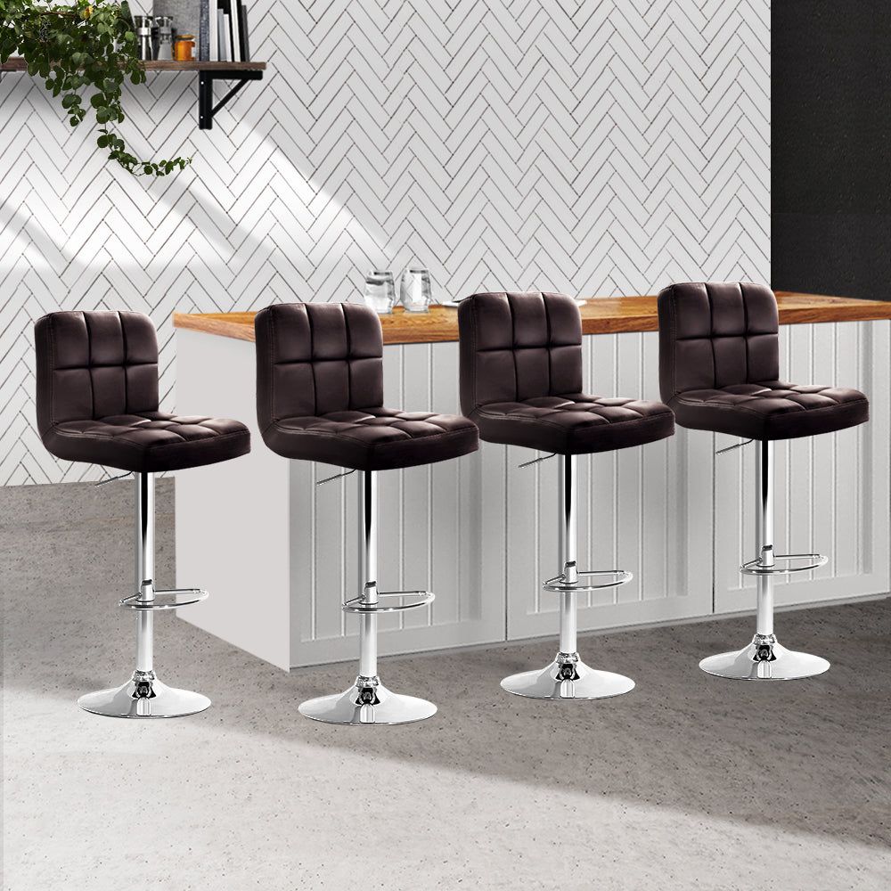 4 Bar Stools with Leather Upholstery & Gas Lift Mechanism in Brown - Perfect for Kitchen Islands, Bars & Dining Areas