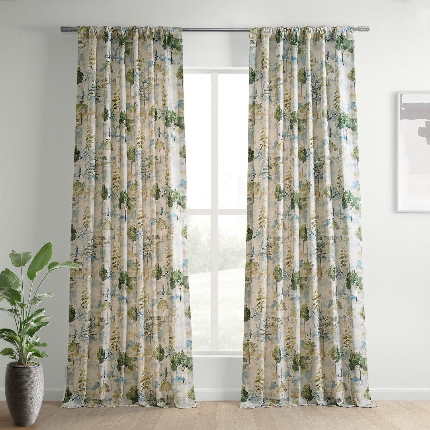 Grove Teal Blue Floral Textured Printed Cotton Curtains for Living Room & Bedroom - Light Filtering Window Drapes with Elegant Botanical Design