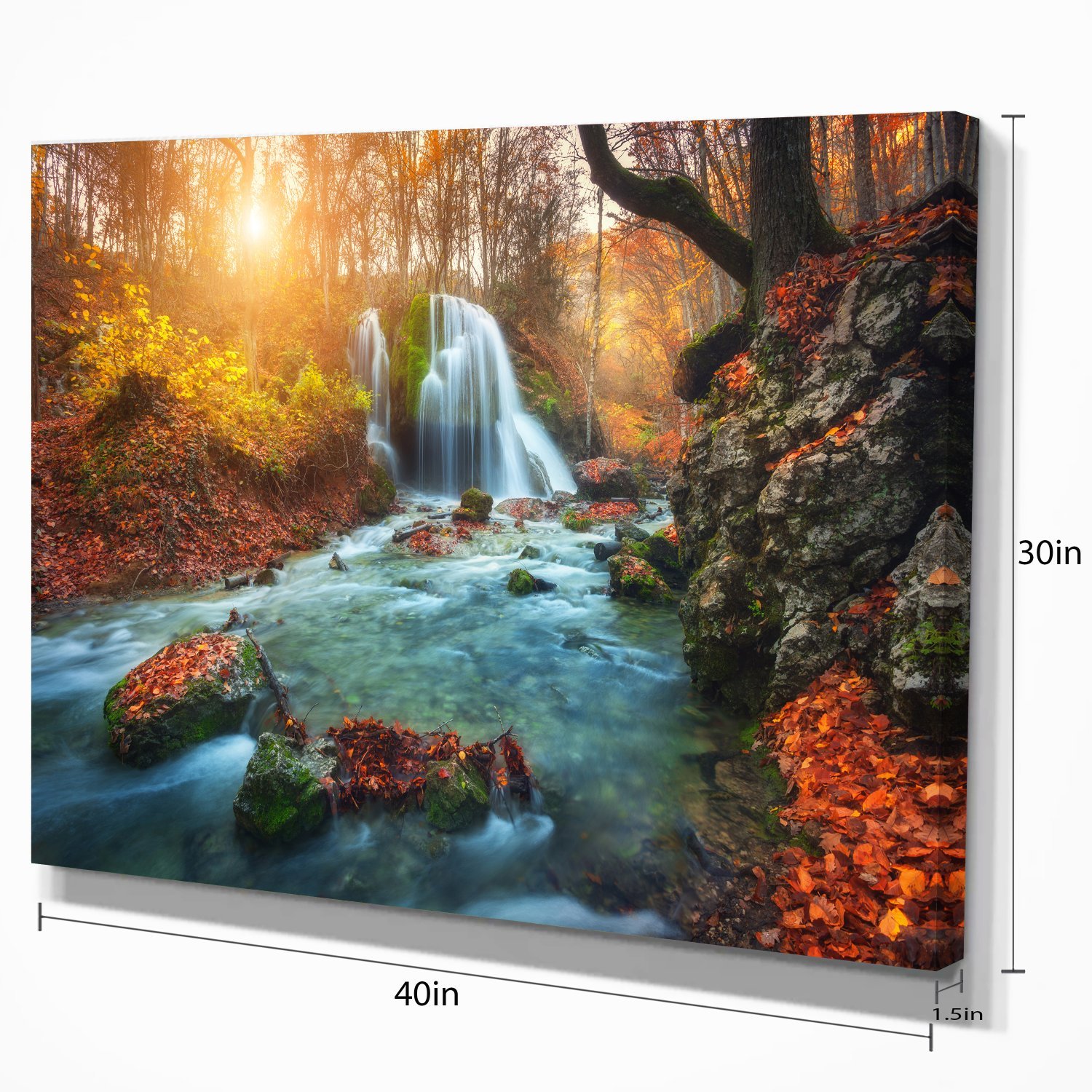 Fast Flowing Fall River in Forest Landscape Photography Canvas Print - Nature Wall Art for Living Room, Bedroom & Office Decor