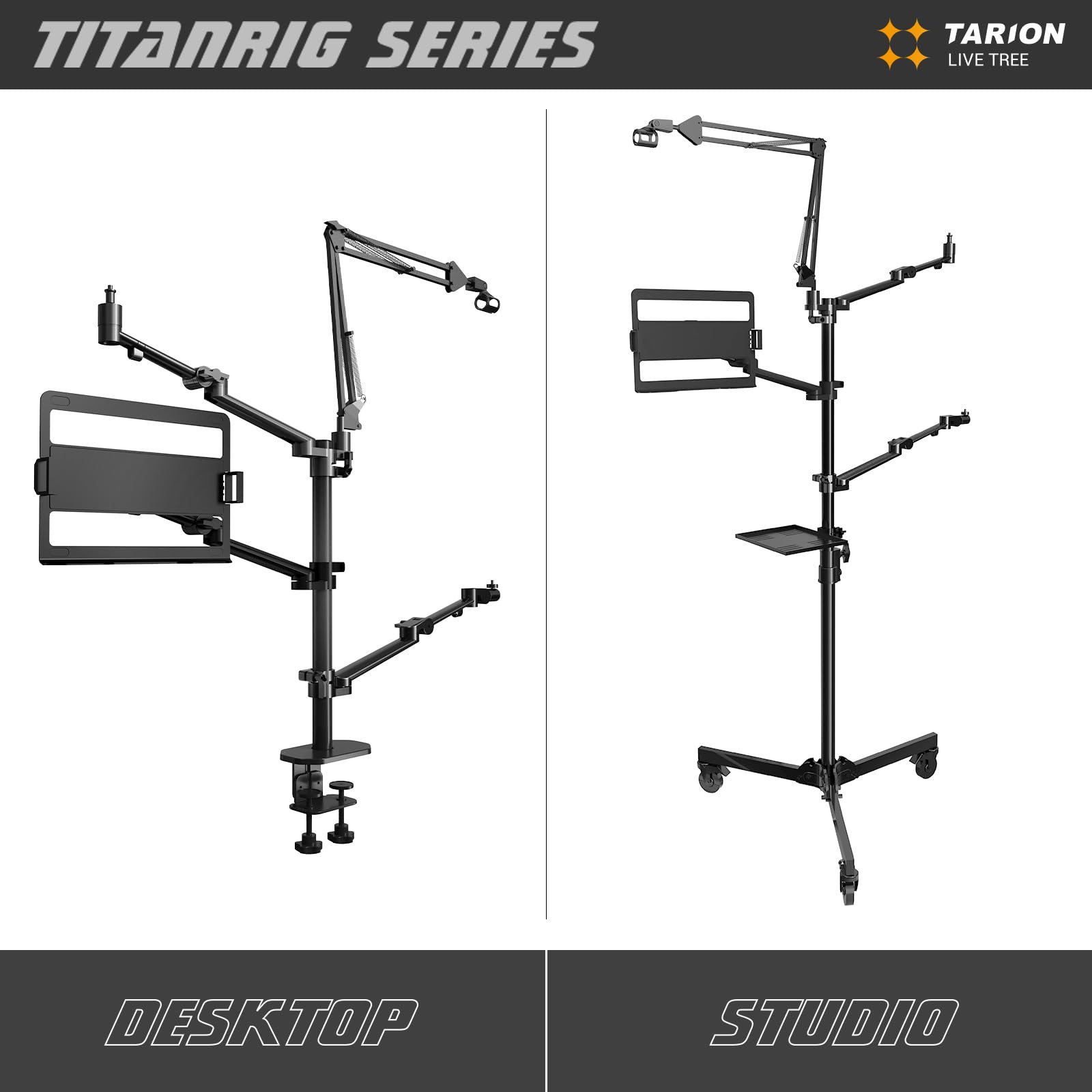 TARION 4-in-1 Adjustable Overhead Camera Arm Mount for Streaming - Desk Stand with Mic Boom & 3 Articulating Arms for DSLR Camera, Ring Light, Monitor & Laptop - Perfect for Live Streaming, YouTube Videos & Home Office Setup