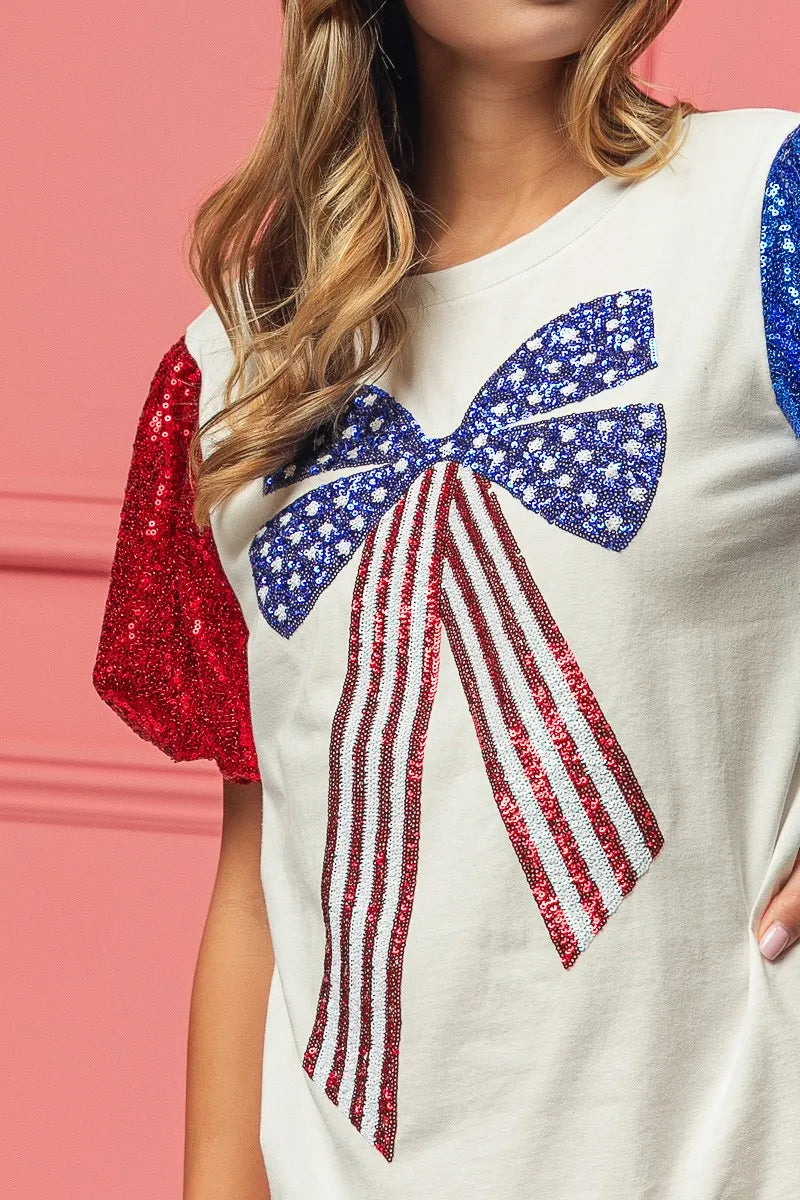 BiBi Sequin American Flag Bow Top - Patriotic Glamour for Women | Perfect for 4th of July, Independence Day & USA Themed Parties
