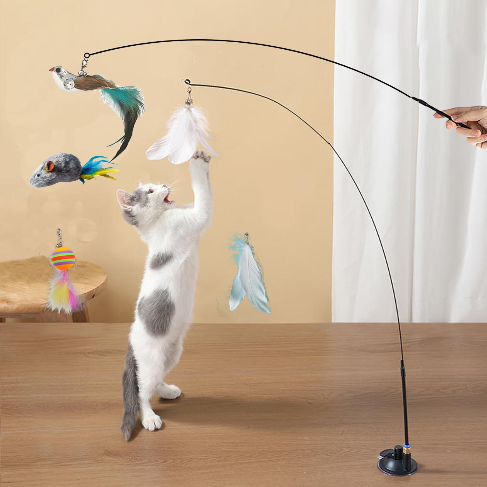 Interactive Cat Feather Toys with Suction Cup - 7 Pcs Automatic Cat Toy Set with Natural Bird Feathers for Indoor Cats - Perfect for Exercise, Chase Play & Boredom Relief - Great Gift for Cat Lovers (Madgern) - Ideal for Playtime, Training & Stimulating Natural Hunting Instincts