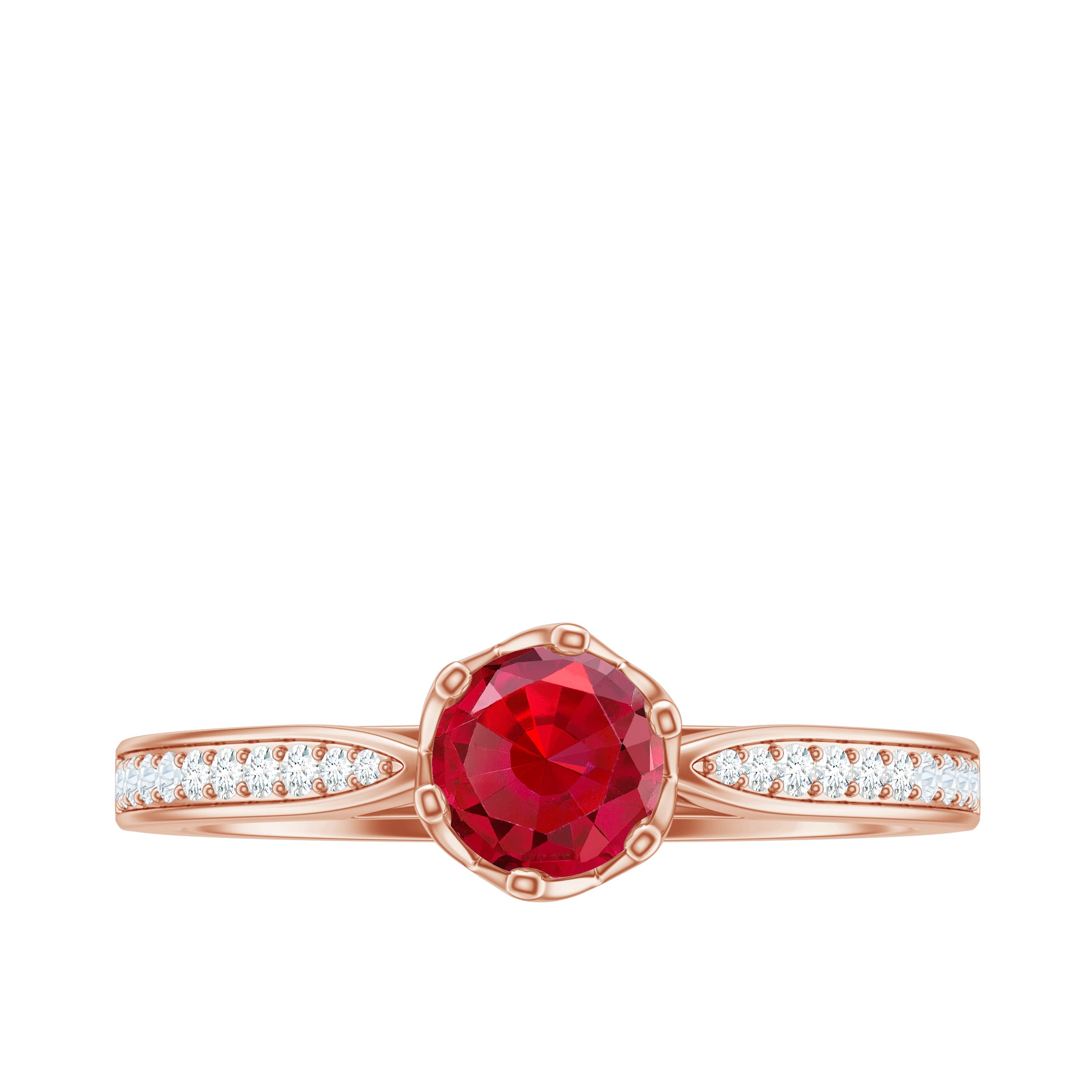 Lab-Created Ruby & Moissanite Ring for Women | 14K Solid Gold Round Ruby Ring with Side Stones | Elegant Jewelry for Weddings, Anniversaries & Special Occasions