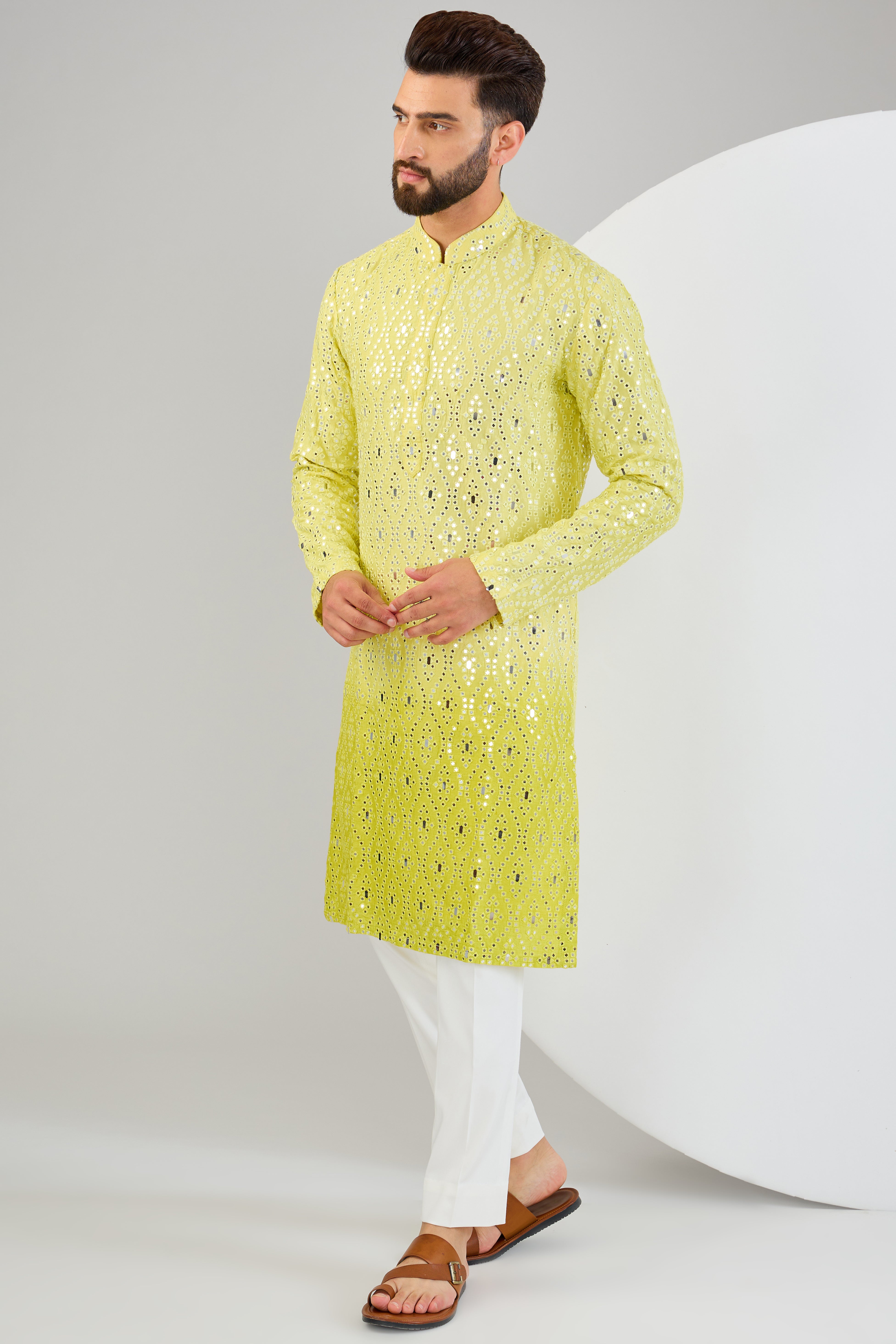 Neon Yellow Ombre Shaded Mirror Work Kurta - Stylish Indian Ethnic Top for Women | Perfect for Festivals, Weddings & Parties