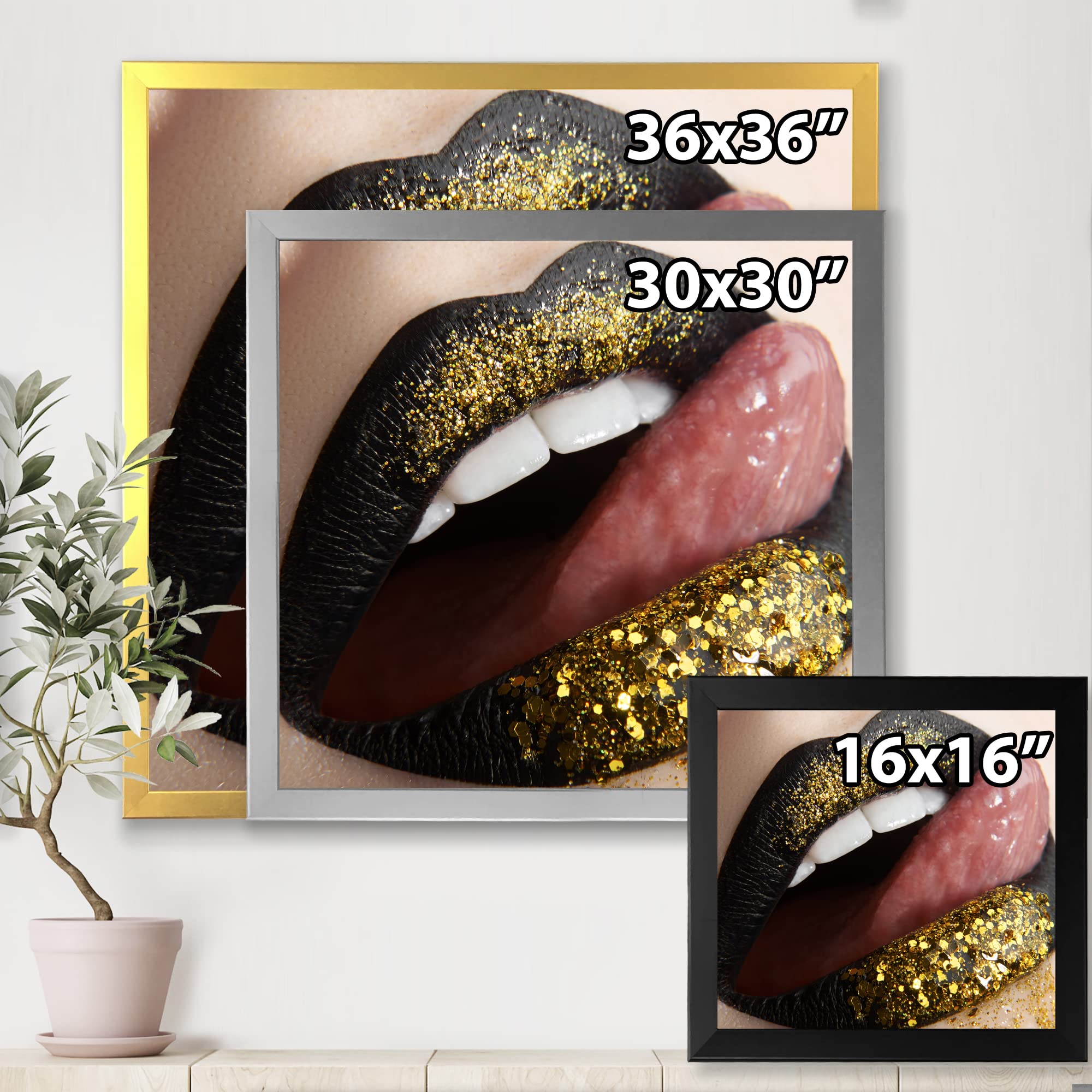 Black Lipstick & Gold Sequins Framed Wall Art - Modern Female Lips Decor for Living Room, Bedroom & Office