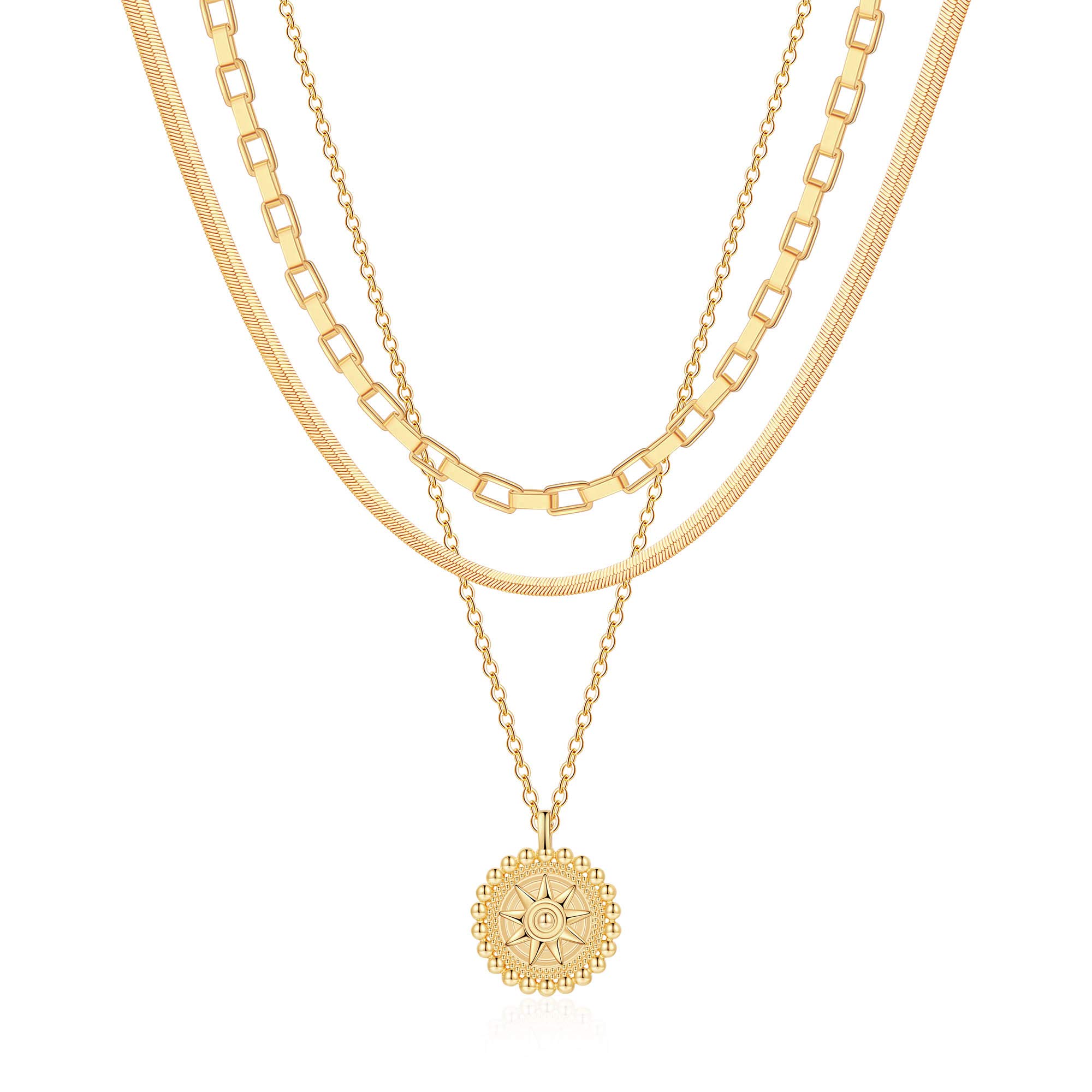 14K Gold Plated Layered Necklace Set for Women - Dainty Coin Pendant, Herringbone & Snake Chain Jewelry | Elegant Everyday Wear, Office Accessories & Special Occasion Gifts