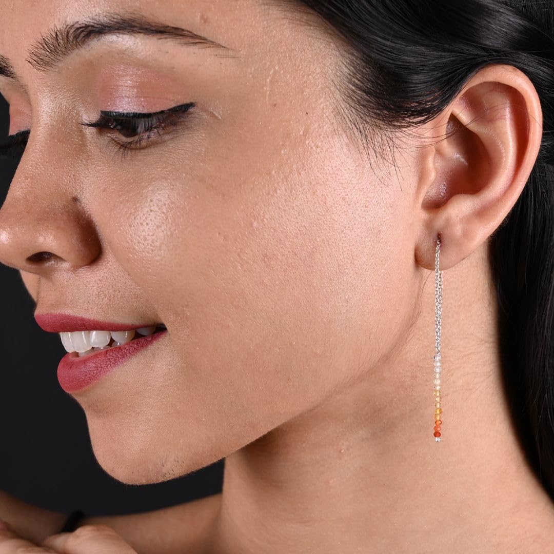 7 Chakra Sterling Silver Threader Earrings for Women - Adjustable Lightweight Pull-Through Double Piercing Dangle Earrings - Long & Short Boho Jewelry for Yoga, Meditation & Spiritual Healing