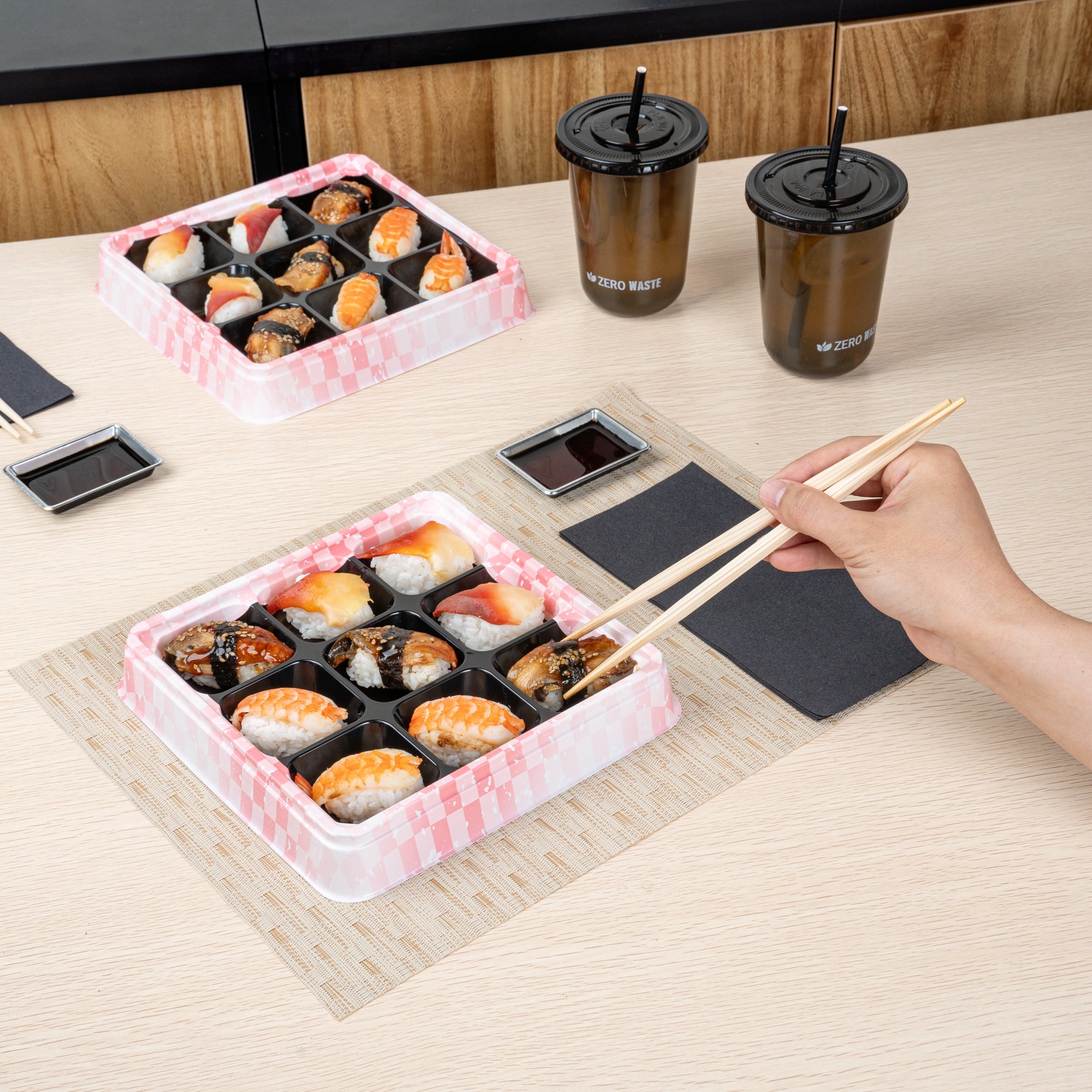 Bento Tek 17 oz Square Pink and Black Plastic Bento Box with 9 Compartments - 8.5