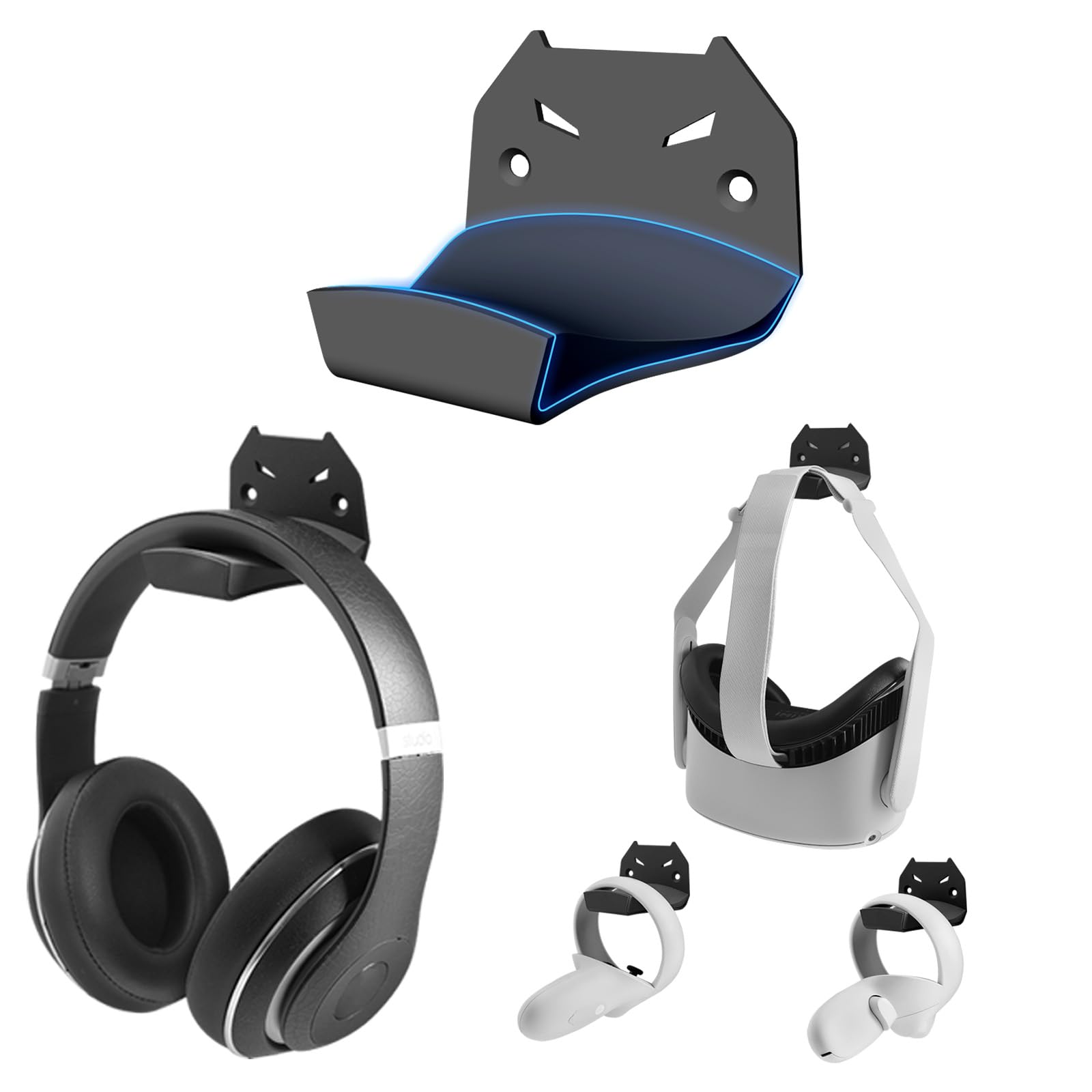 Premium Steel Wall Mount Headphone Hanger Holder - Universal VR Headset & Controller Storage Stand Hook with Silicone Cradle (Black) - Perfect for Gaming Setup, Office & Home Organization