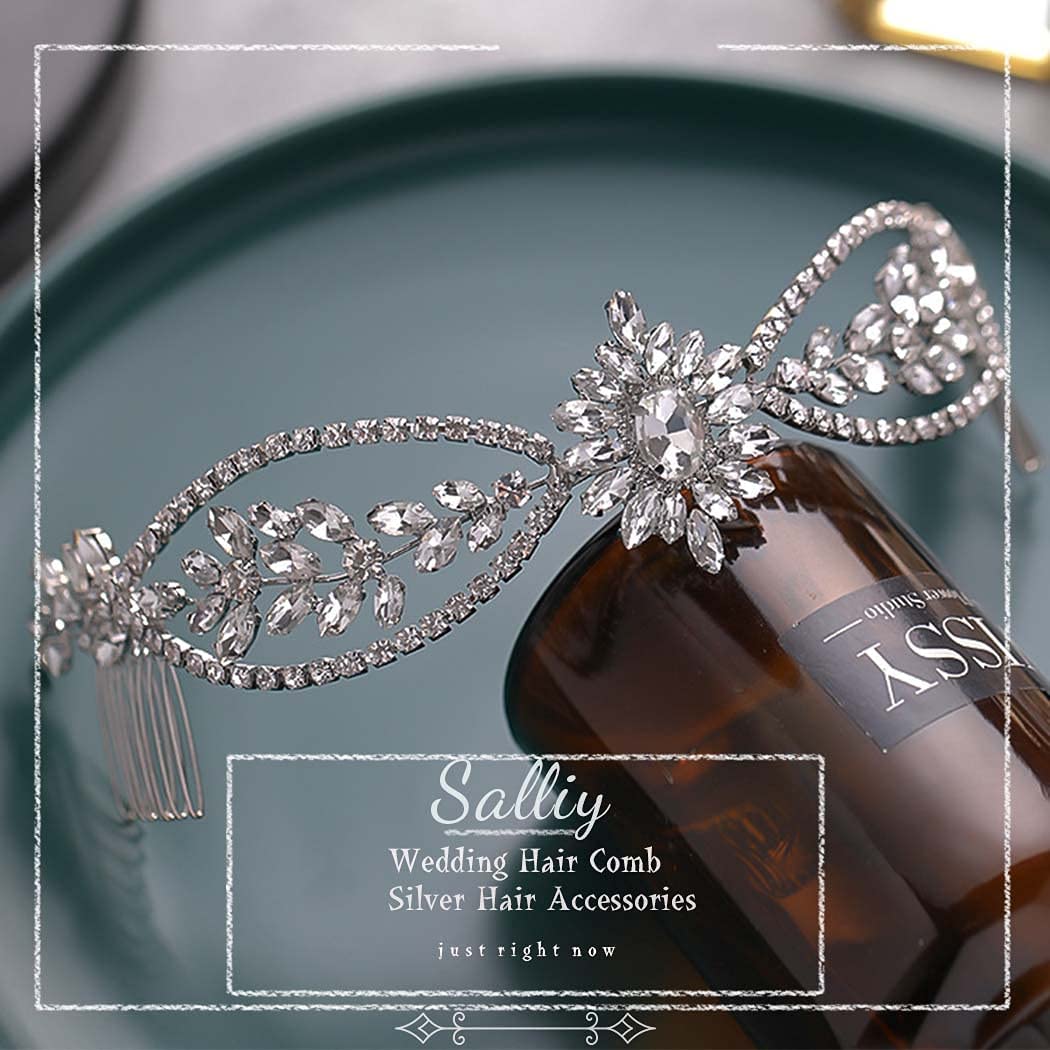 Blue Leaf Bridal Hair Comb with Rhinestones - Wedding Hair Accessories for Women & Girls (Formal Occasions)