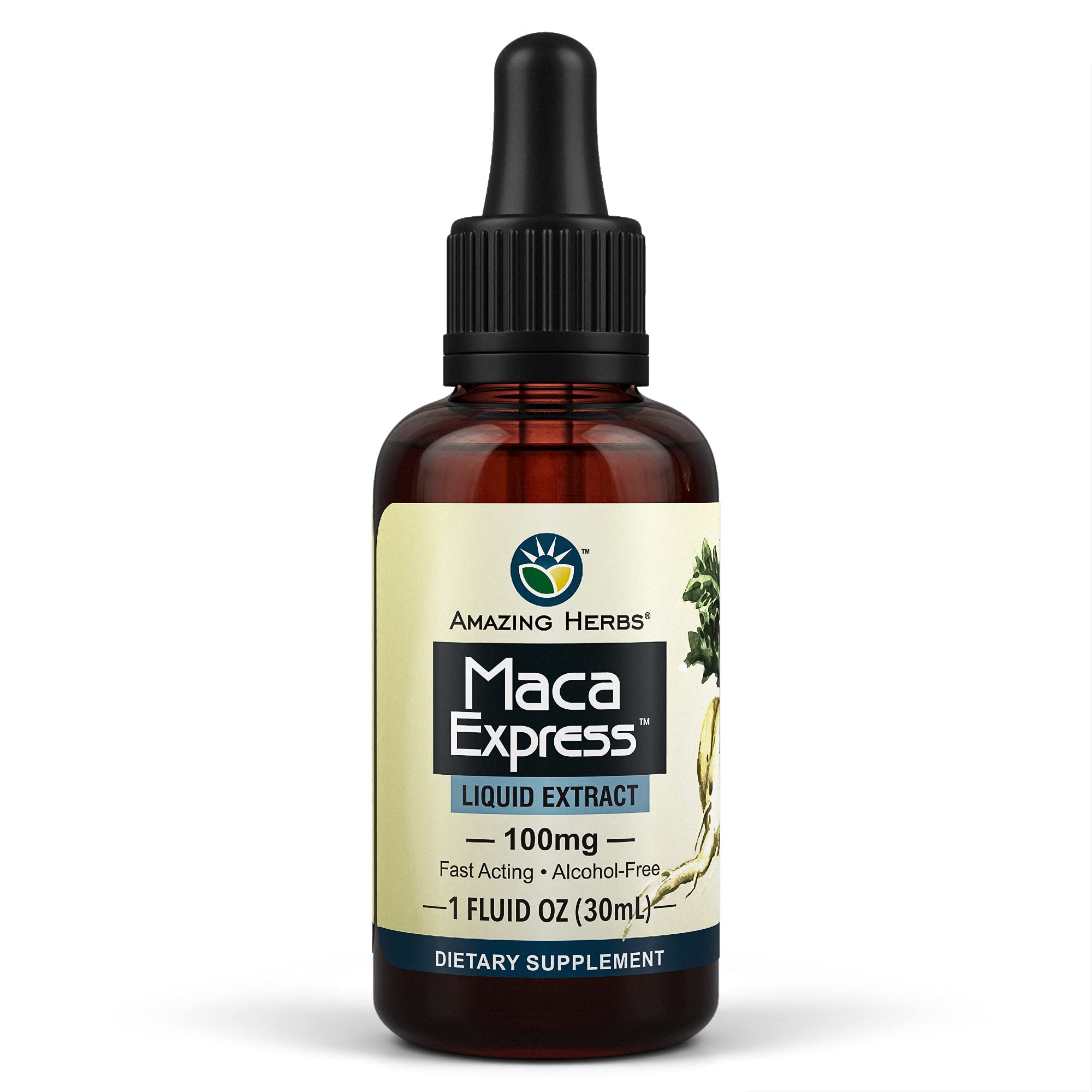 Amazing Herbs Maca Express Liquid Extract - 100% Pure Peruvian Maca Root Supplement for Energy, Stamina & Mental Clarity - 1 Fl Oz - Natural Performance Booster for Athletes, Students & Busy Professionals
