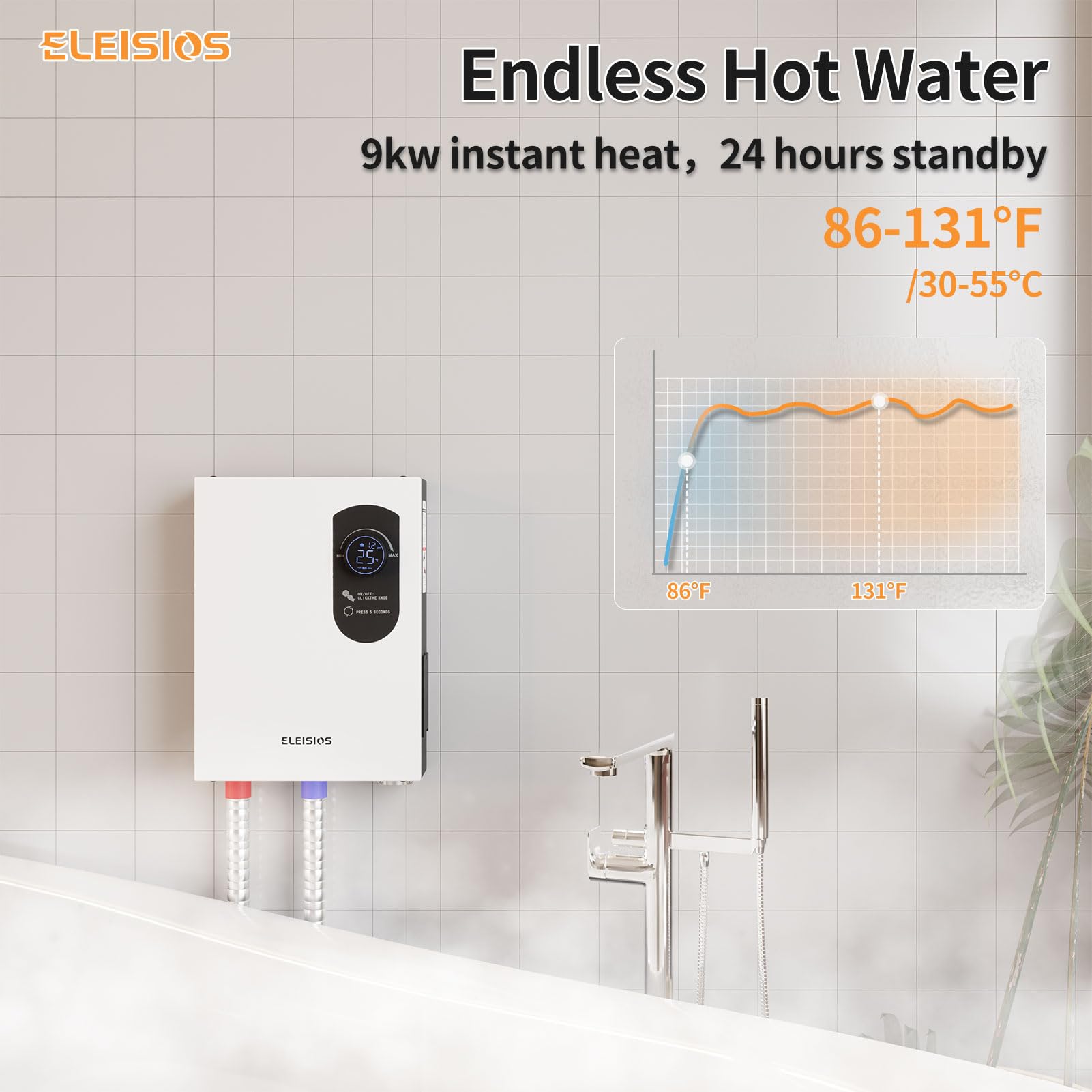 9kW Electric Tankless Water Heater with Digital Display - Self-Modulating Instant Hot Water System 240V for Kitchen Sink & Bathroom Faucet - Perfect for Small Homes, Apartments and Energy-Efficient Living (White)
