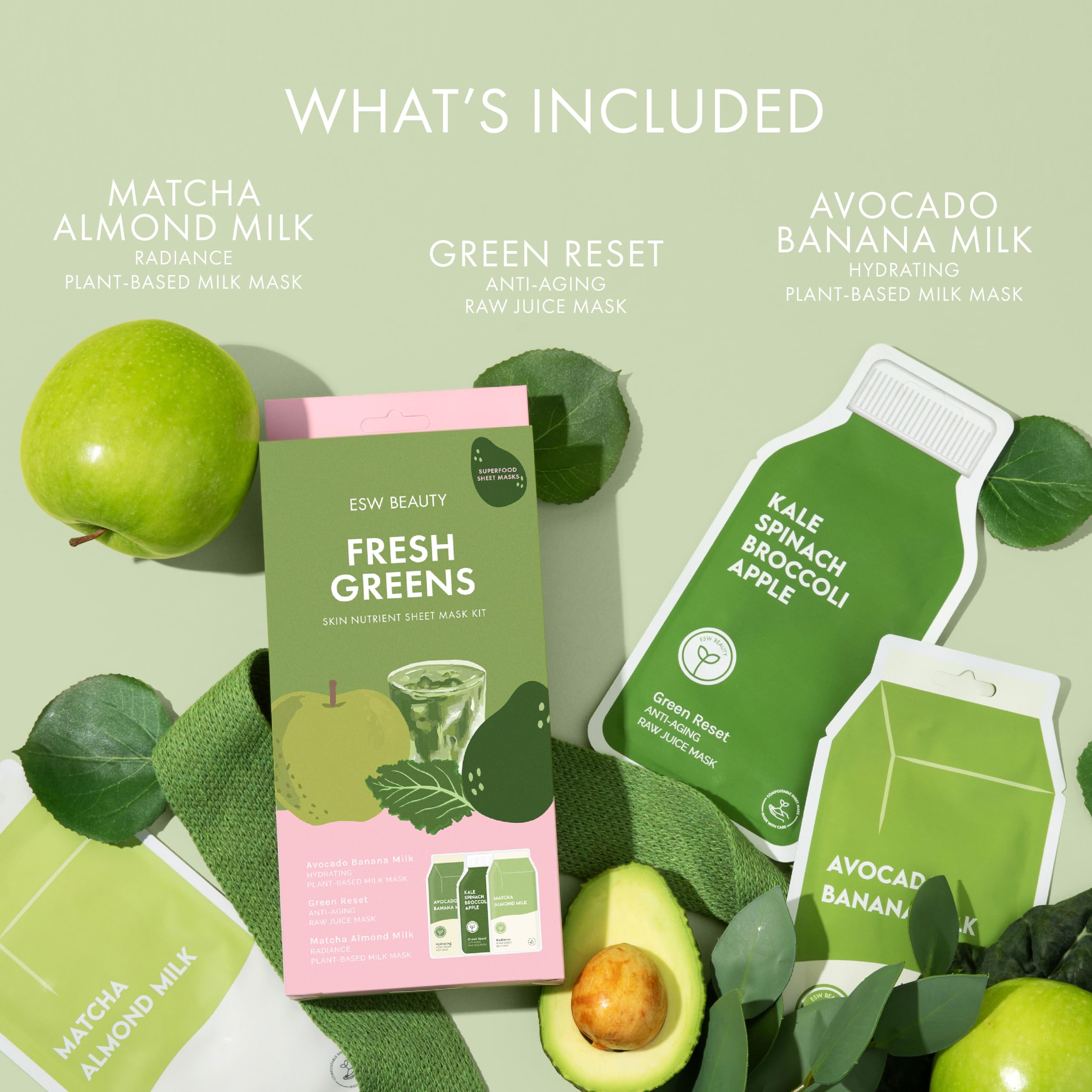 ESW Beauty Fresh Greens Superfood Sheet Mask Set - Hydrating & Detoxifying Facial Mask Pack for Glowing Skin | Perfect for Spa Night, Self-Care Routine & Gift Giving