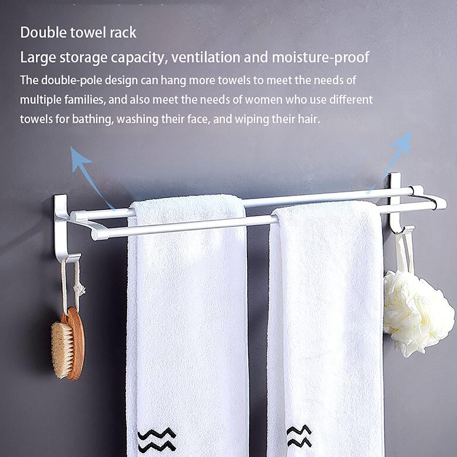 Premium Aluminum Wall Mounted Bathroom Shelves - Double Pole Towel Rack with Hooks for Bathroom Organization | Rustproof Space-Saving Storage Solution for Towels, Robes & Toiletries | Perfect for Small Bathrooms, Apartments & RV Showers