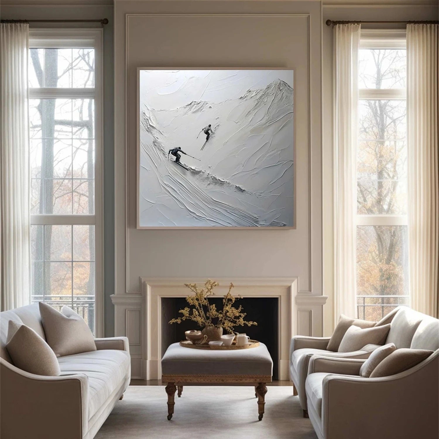 Premium Skiing Sport Art Textured Painting Canvas - Winter Sports Wall Decor #SP047 | Perfect for Ski Lodge, Cabin & Mountain Home Decor