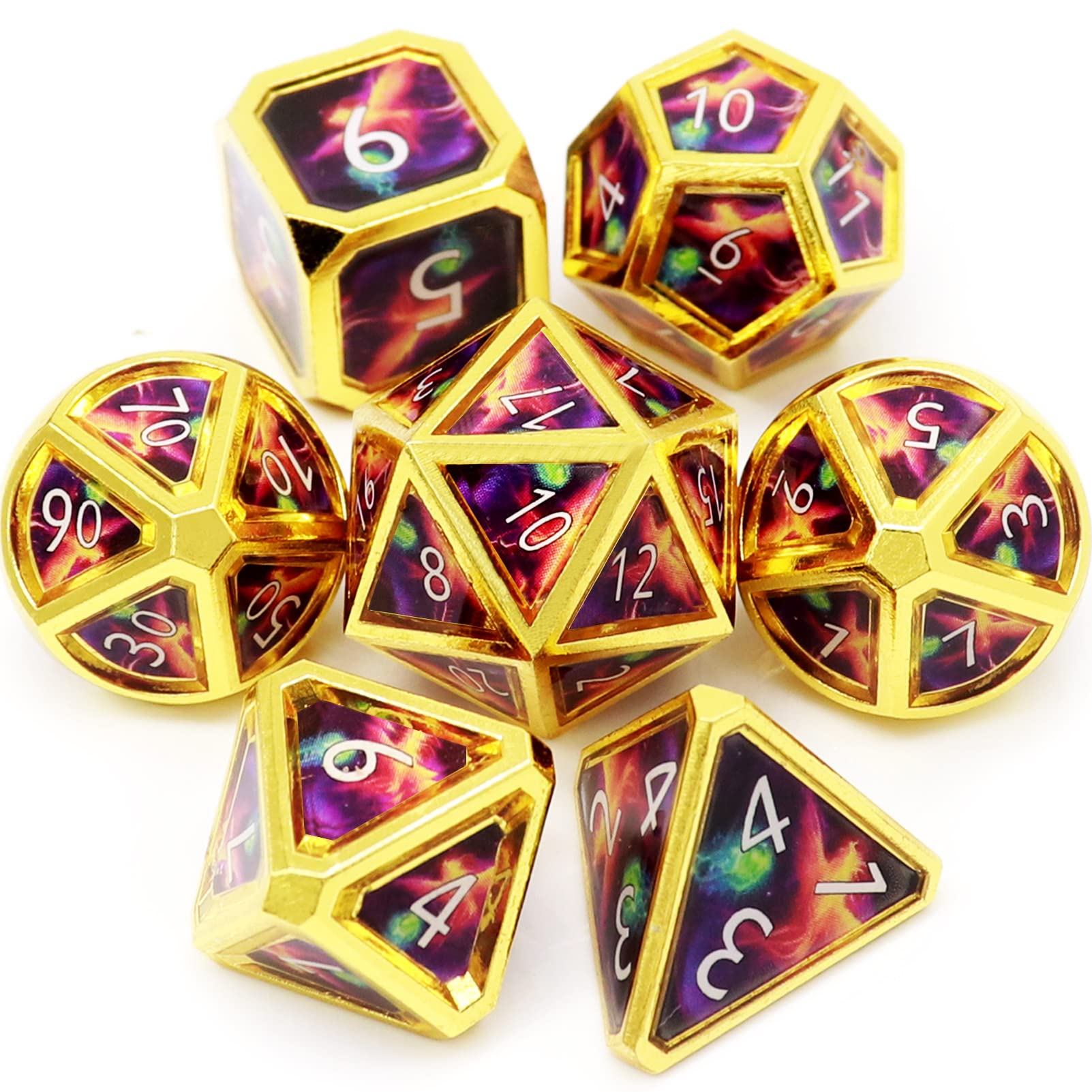 Haxtec Metal DND Dice Set - 7-Piece Polyhedral Dice for D&D 5e, Spell Meteor Swarm Design in Gold, Purple & Blue with PU Leather Dragon Eye Dice Bag - Perfect for TTRPG, Dungeons & Dragons, DND Gifts, RPG Game Nights & Fantasy Tabletop Adventures