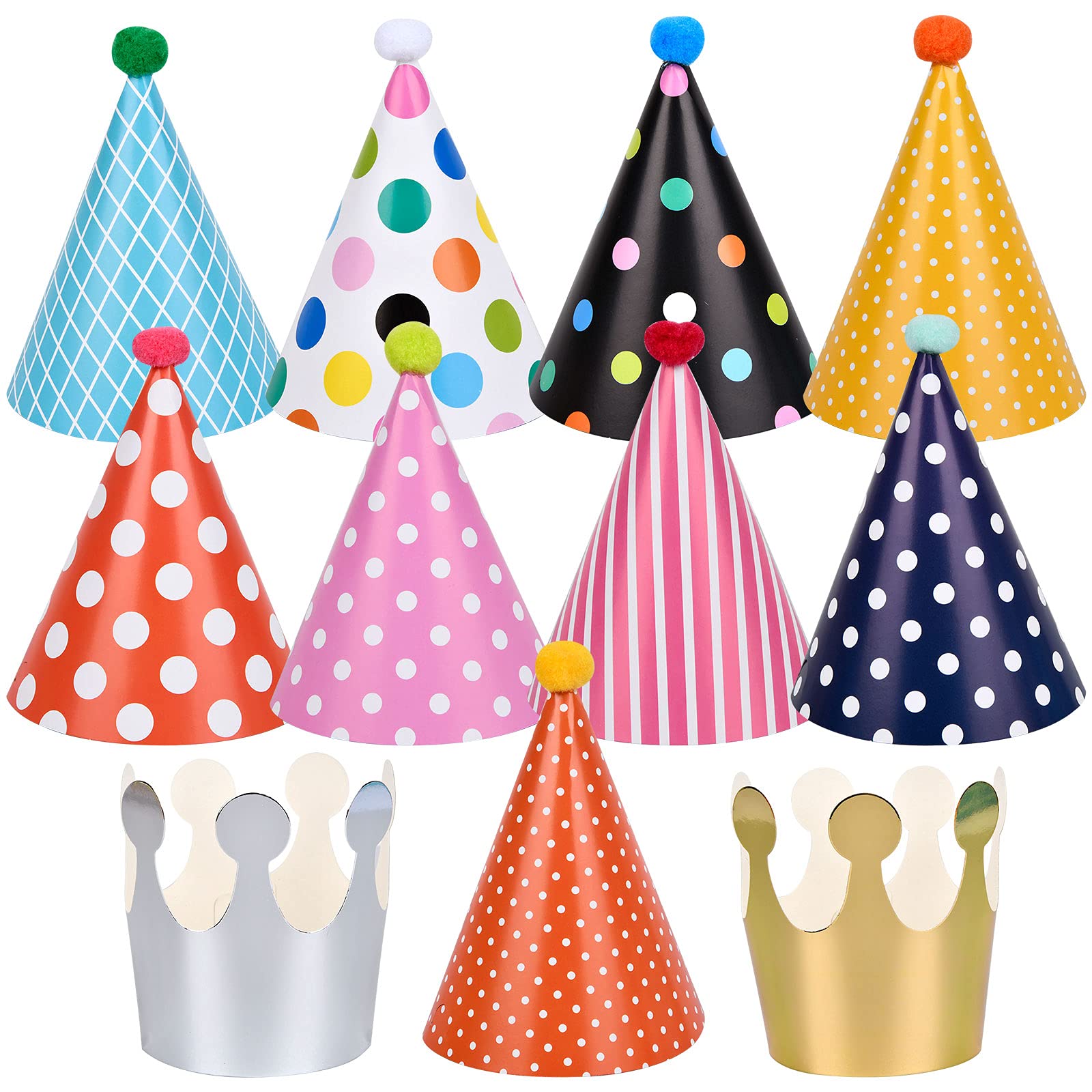 Chstarina 11-Piece Party Hat Set - Colorful Birthday Cone Hats with Pom Poms for Kids, Girls, Boys & Adults | Includes 9 Cone Hats + 2 Crowns | Perfect for Birthday Parties, Baby Showers & Festive Celebrations