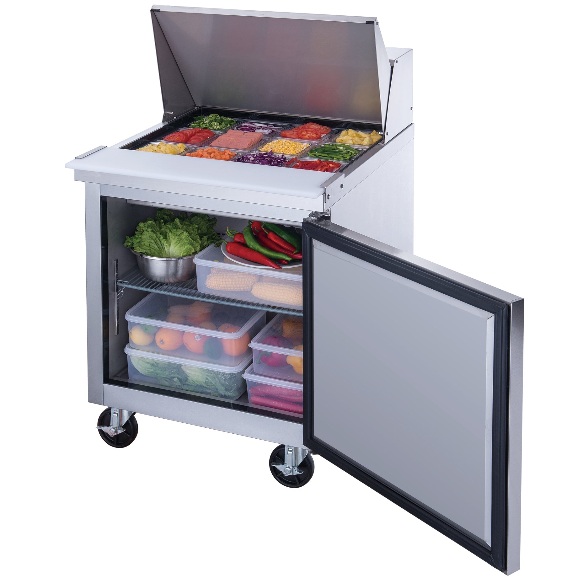 Dukers DSP29 12M S1 Stainless Steel Commercial Refrigerator - 1 Door Food Prep Table with Mega Top | Perfect for Restaurants, Catering & Commercial Kitchens