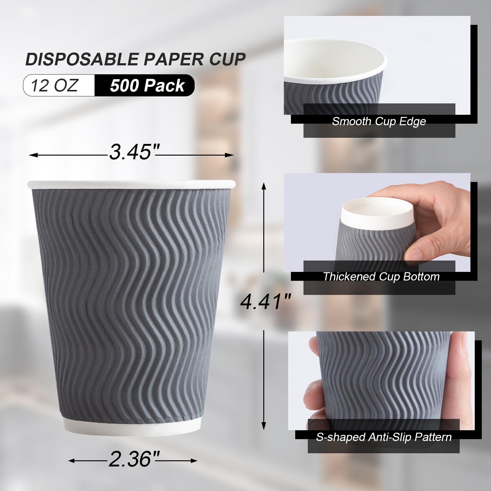Lamosi 500 Count 12 oz Insulated Disposable Paper Coffee Cups Bulk - No Lids, Corrugated Ripple Wall Design for Hot Beverages (Grey) - Perfect for Coffee Shops, Offices, Catering & Events